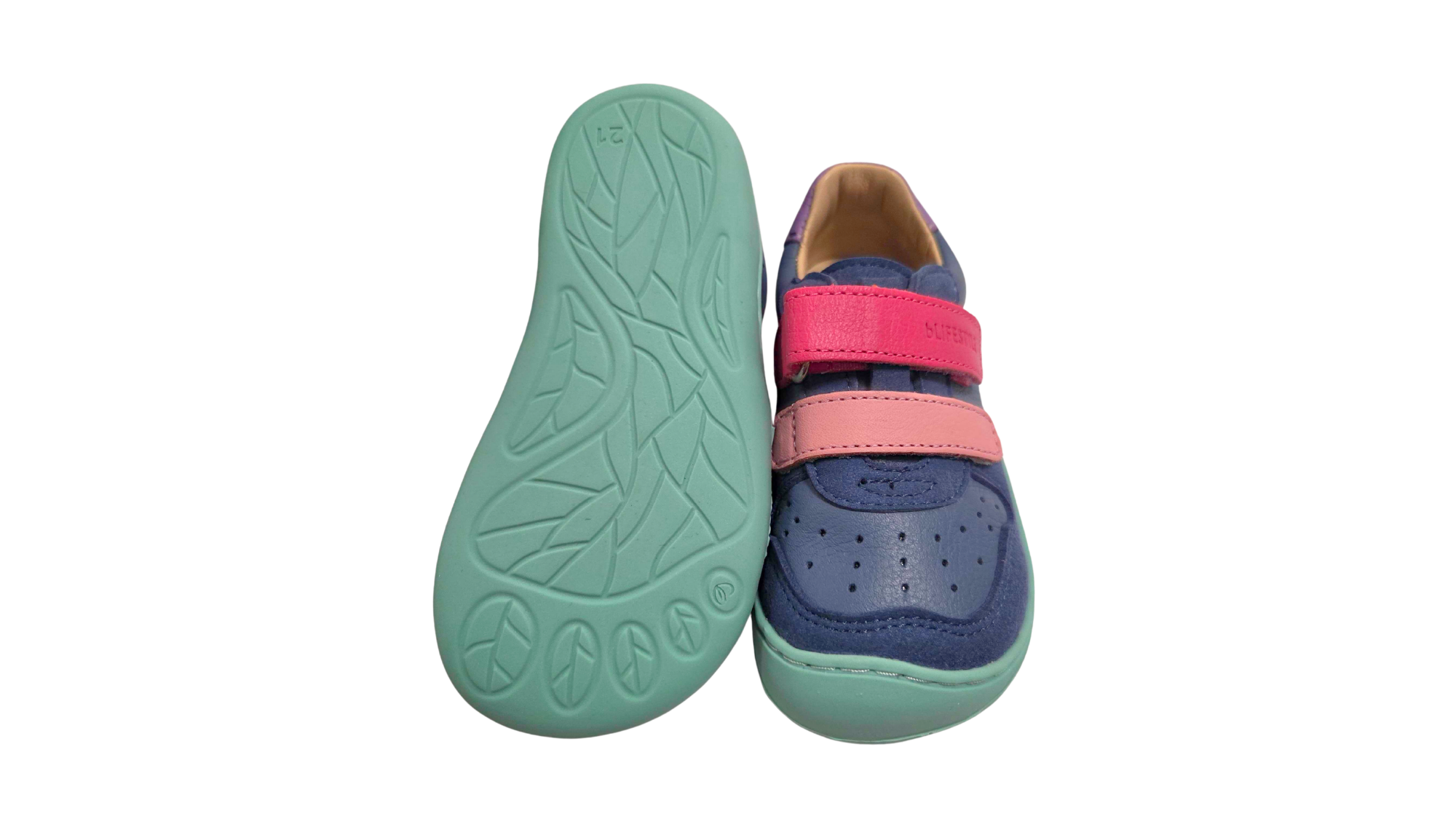Barfußschuh mit zwei Klettverschlüssen, breite Zehenbox, flexible Sohle, geschlossener Fersenbereich, niedriger Schaft, Ansicht von unten und Draufsicht, Paar