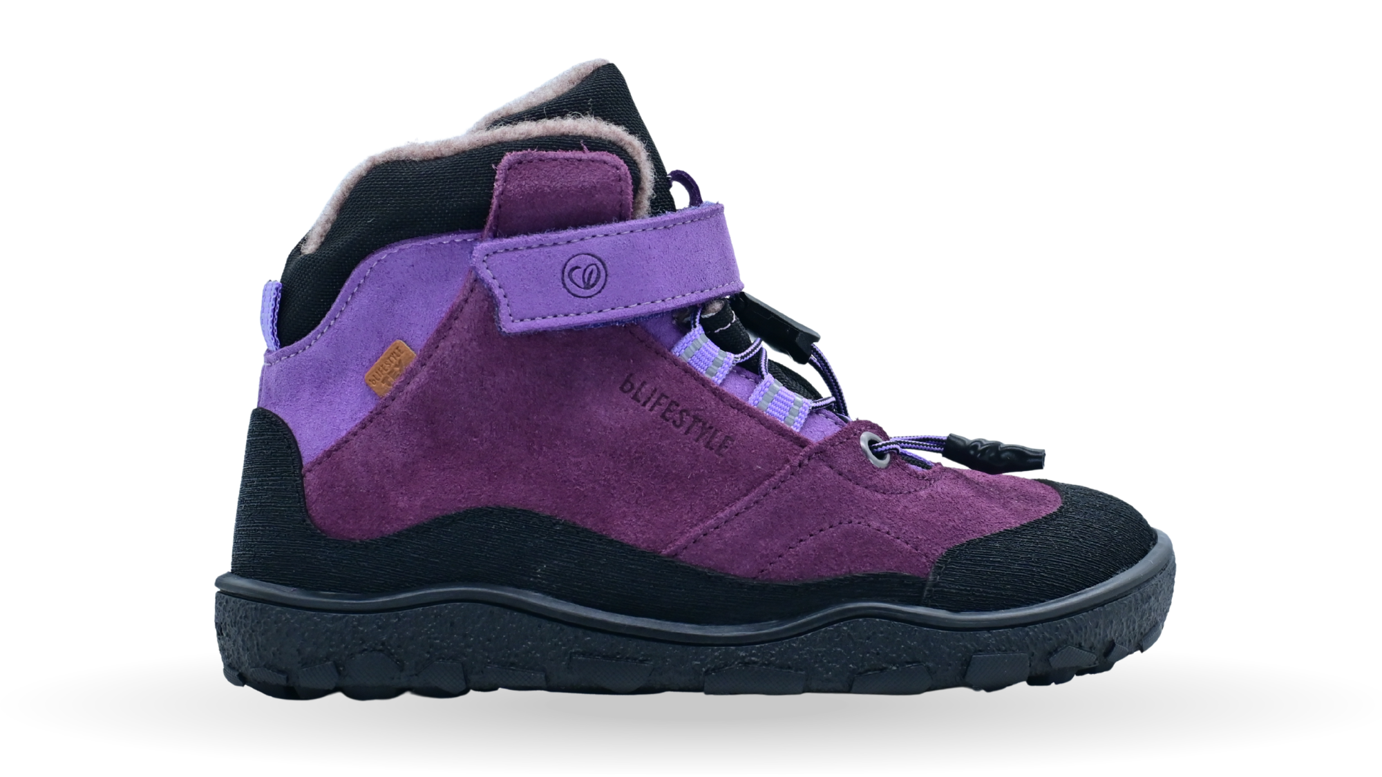 Gefütterter halbhoher Barfußschuh für Kinder mit Schnellverschluss, Klettverschluss und profilierter Sohle, Seitenansicht außen