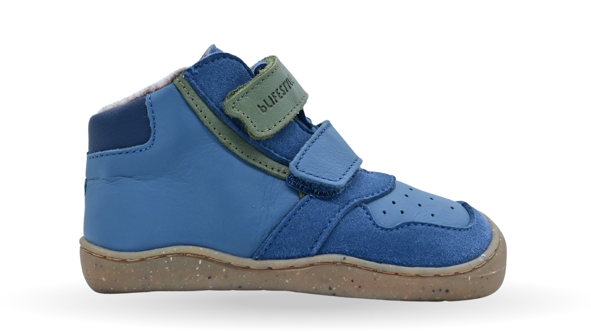 Halbhoher Barfußschuh für Kinder mit zwei Klettverschlüssen und breiter Zehenbox, Seitenansicht außen