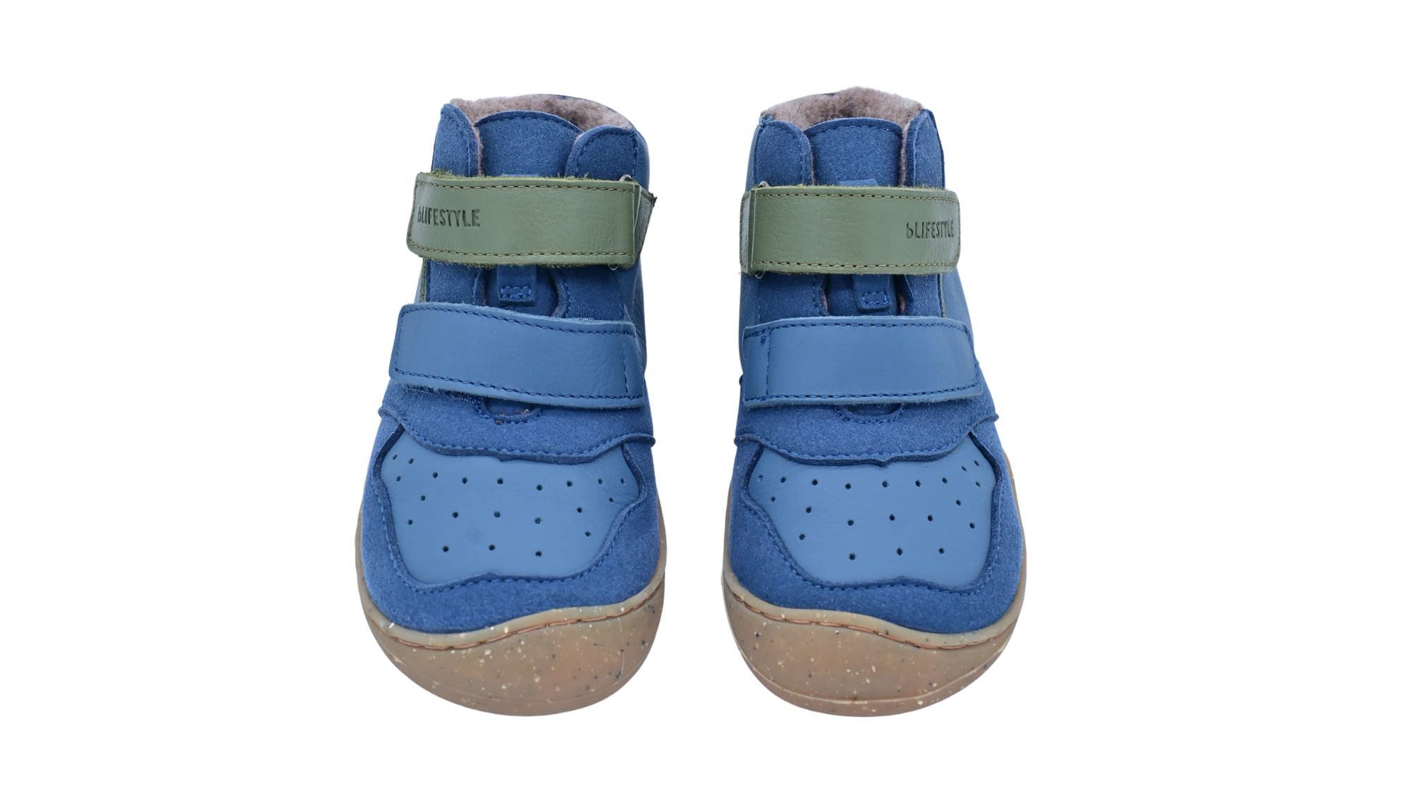 Paar halbhohe Barfußschuhe für Kinder mit zwei Klettverschlüssen, beide in Draufsicht