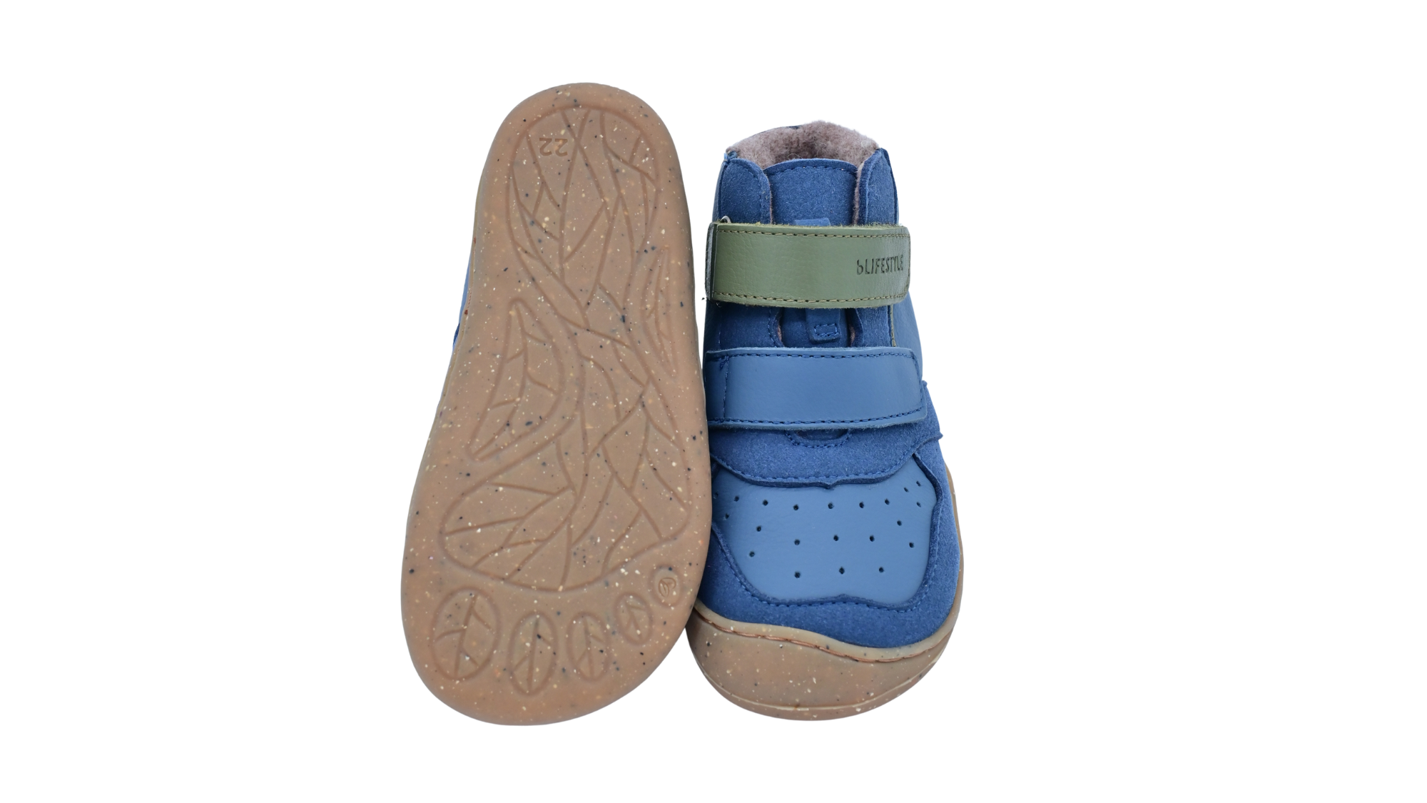 Paar halbhohe Barfußschuhe für Kinder mit zwei Klettverschlüssen und breiter Zehenbox, ein Schuh in Ansicht von unten, ein Schuh in Draufsicht