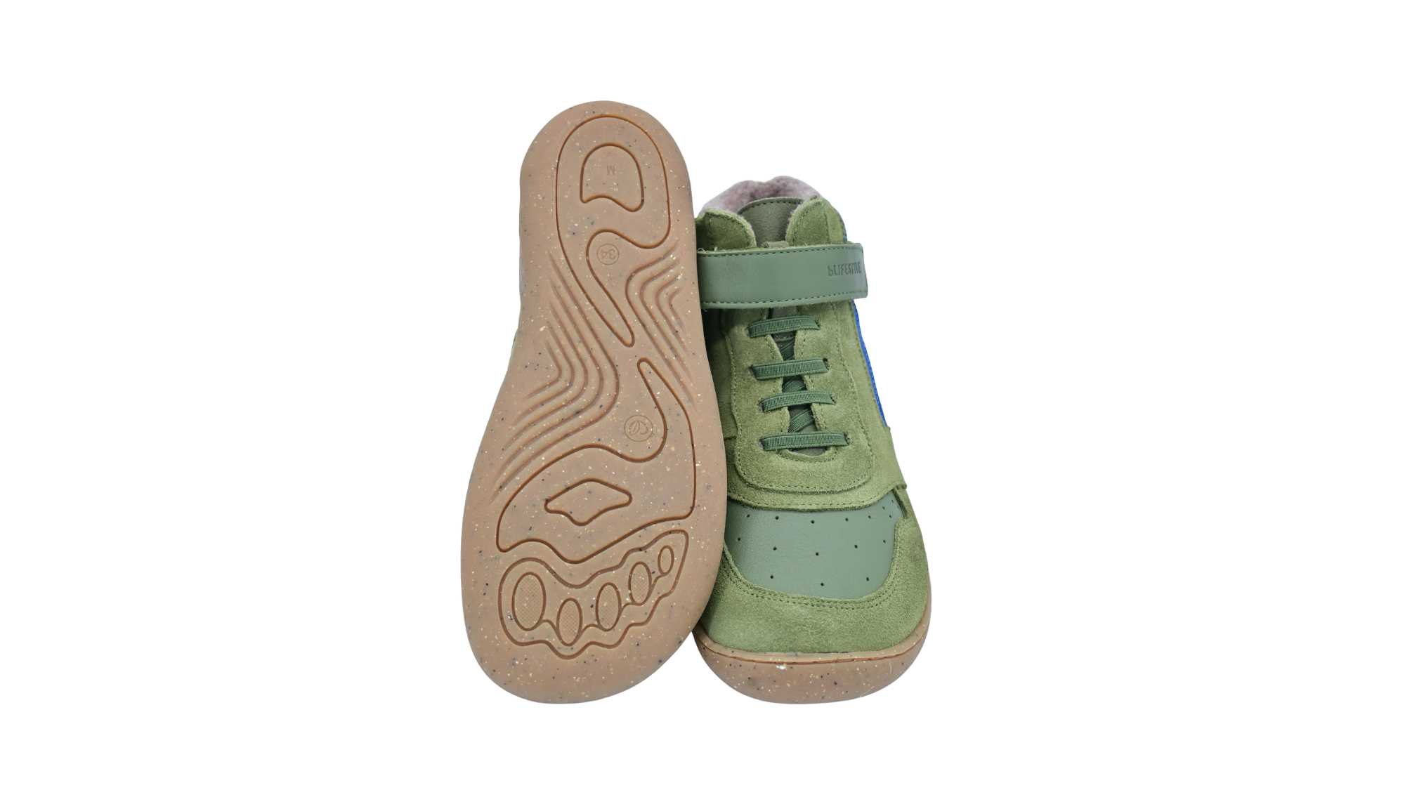 Gefütterter halbhoher Barfußschuh für Kinder mit profilierter Laufsohle, flexiblem Gummiband, Klettverschluss und breiter Zehenbox, Ansicht von unten und oben