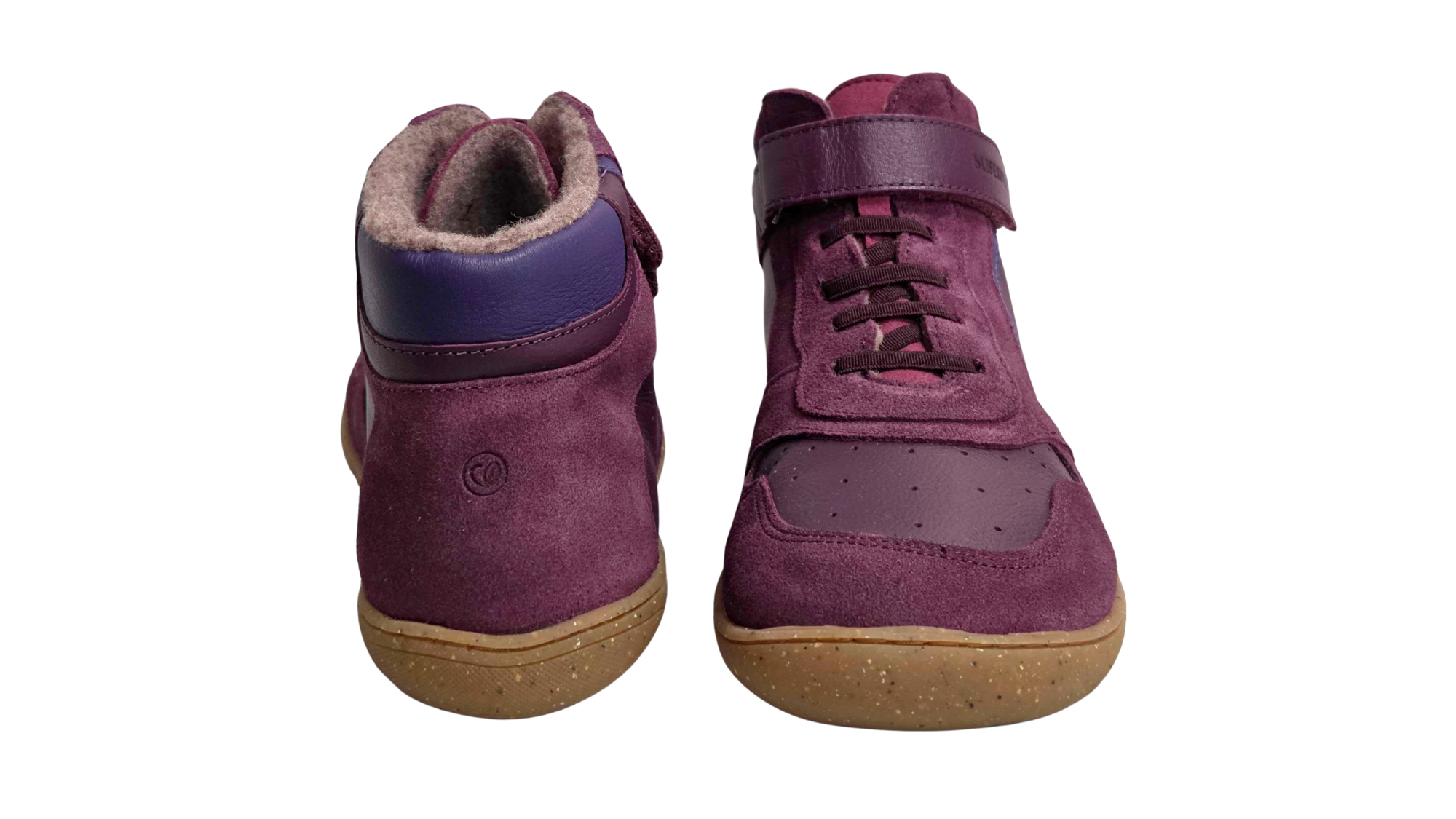 Paar gefütterte halbhohe Barfußschuhe für Kinder mit sichtbarem Futter und Klettverschluss, Rück- und Vorderansicht