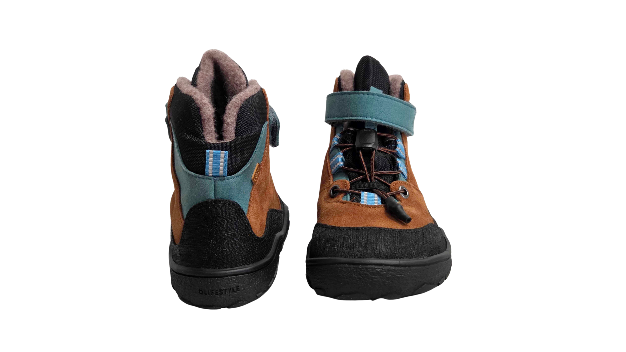 Paar gefütterte halbhohe Barfußschuhe für Kinder mit Klettverschluss und sichtbarem Futter, Rück- und Vorderansicht