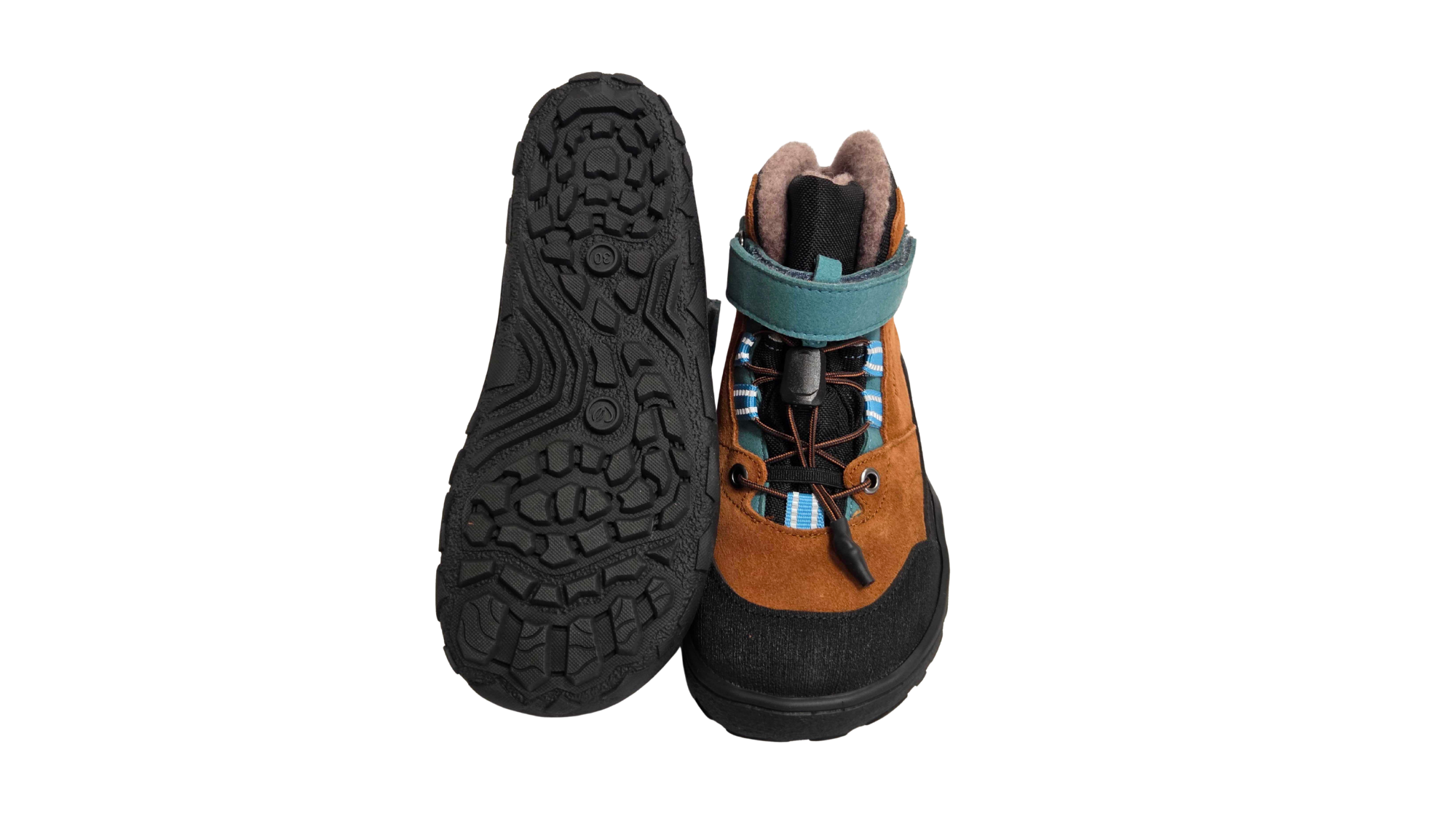 Paar gefütterte halbhohe Barfußschuhe für Kinder mit profilierter Laufsohle,  Schnellverschluss und Klettverschluss, Ansicht von unten und oben
