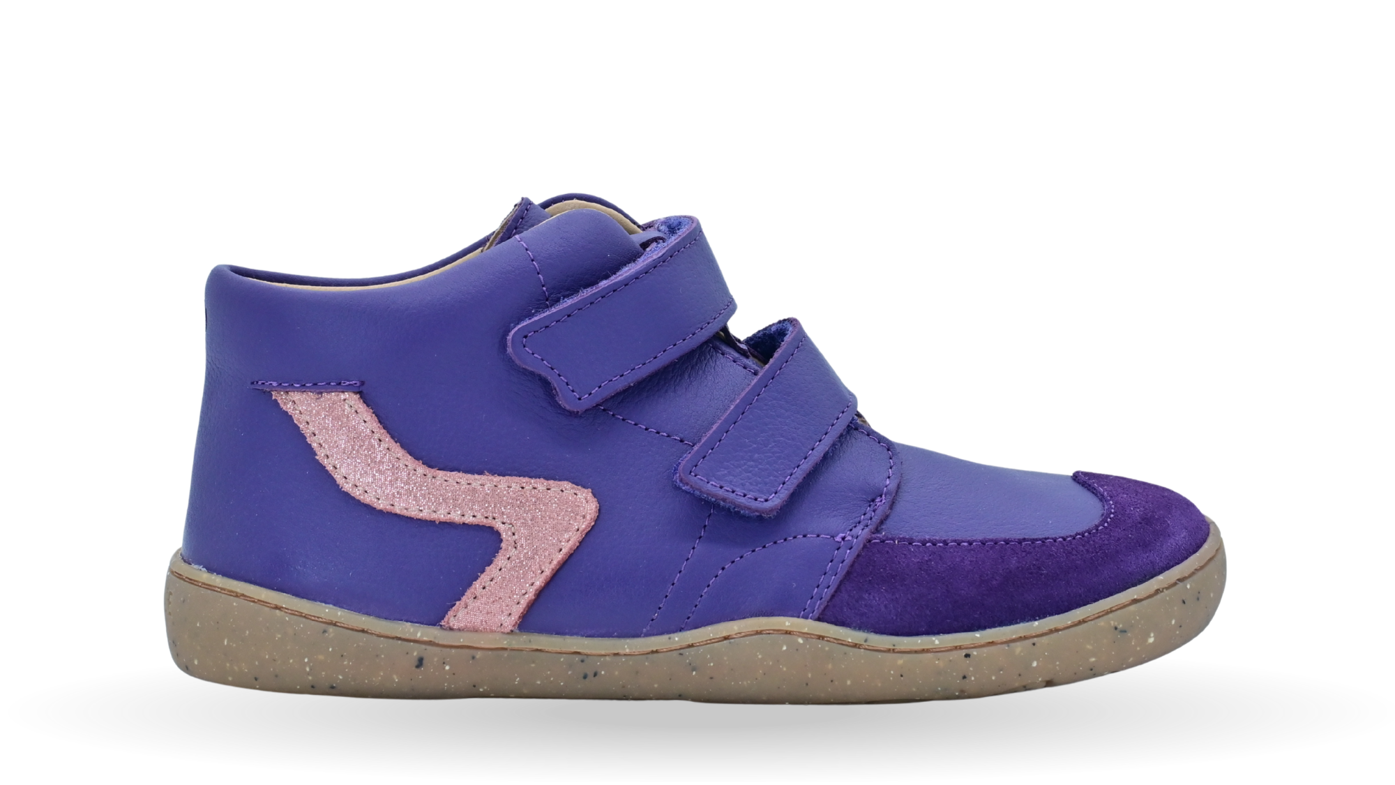 Halbhoher Barfußschuh für Kinder mit zwei Klettverschlüssen, breiter Zehenbox und flacher Sohle, Seitenansicht außen