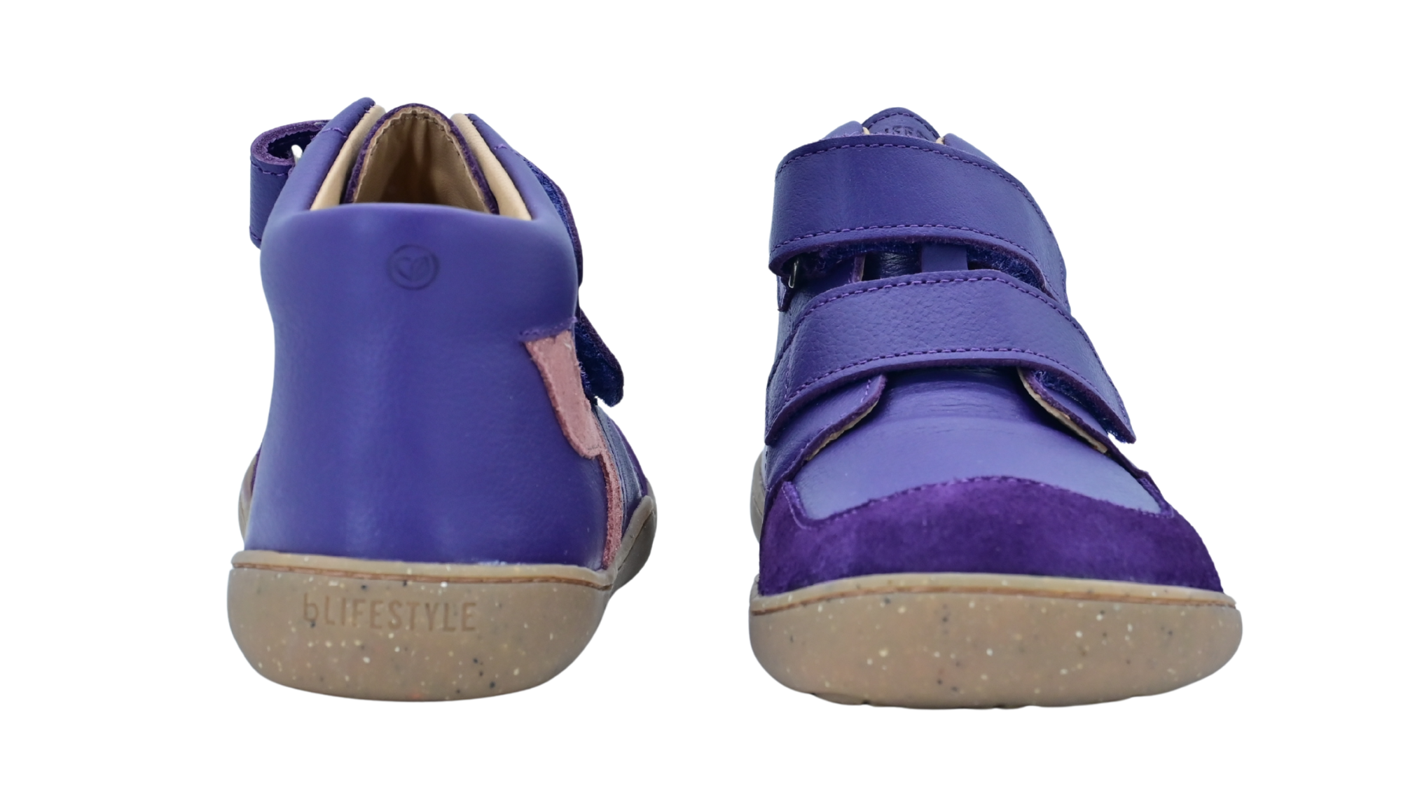 Paar halbhohe Barfußschuhe für Kinder mit Fersenbereich und zwei Klettverschlüssen, Rück- und Vorderansicht
