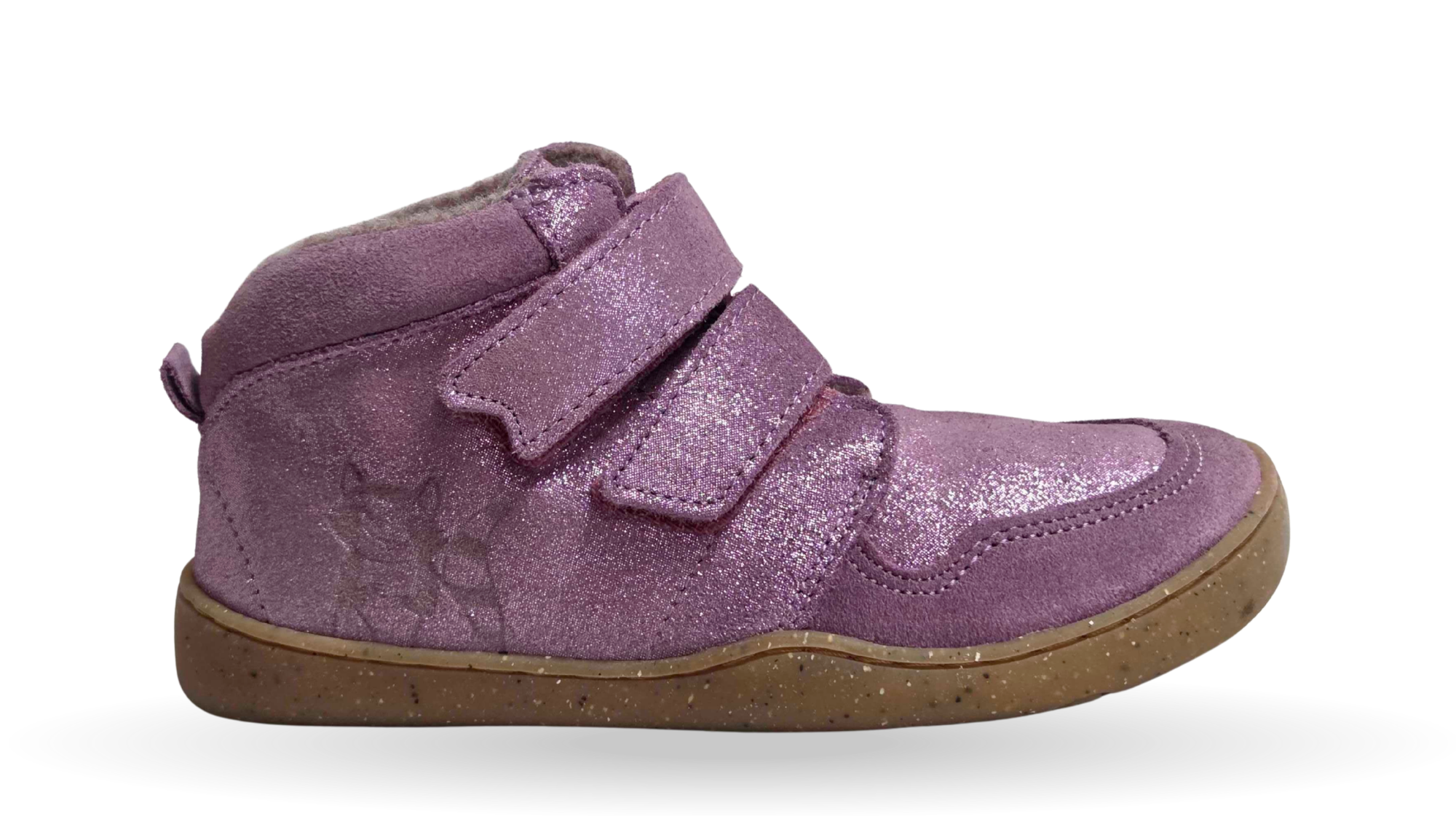 Gefütterter halbhoher Barfußschuh für Kinder mit zwei Klettverschlüssen, breiter Zehenbox und flacher Sohle, Seitenansicht außen