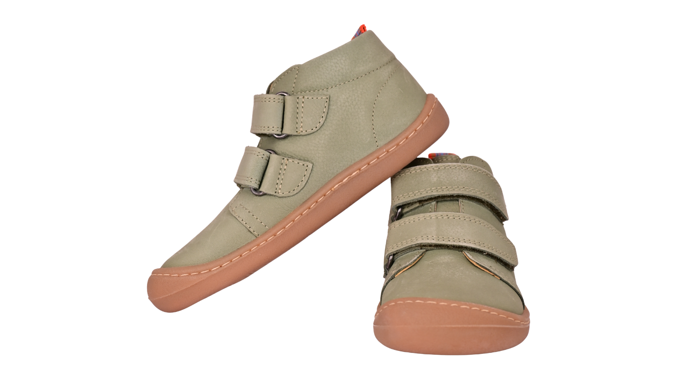 Barfußschuh für Kinder mit zwei Klettverschlüssen als Paar, Vorder- und Seitenansicht