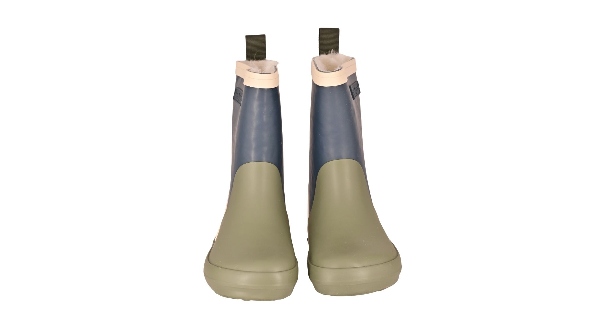 Kinder-Barfußgummistiefel als Paar mit breiter Zehenbox, geschlossenem Zehenbereich, geschlossenem Fersenbereich, hohem Schaft, flexible Sohle, Vorderansicht.