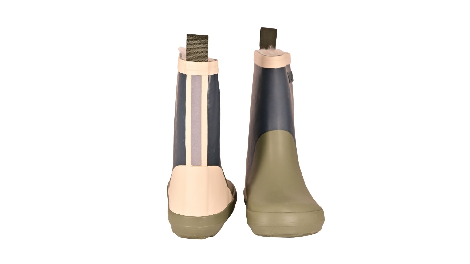 Kinder-Barfußgummistiefel als Paar mit breiter Zehenbox, geschlossenem Zehenbereich, geschlossenem Fersenbereich, hohem Schaft, flexible Sohle, Vorder- und Rückansicht.