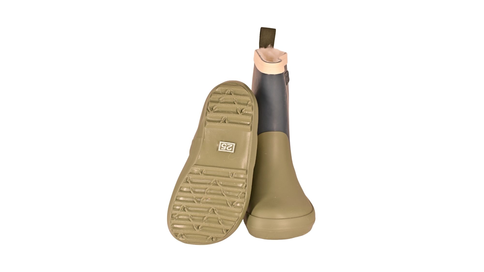 Kinder-Barfußgummistiefel mit flacher, flexibler Sohle und strukturiertem Profil, Ansicht von unten.