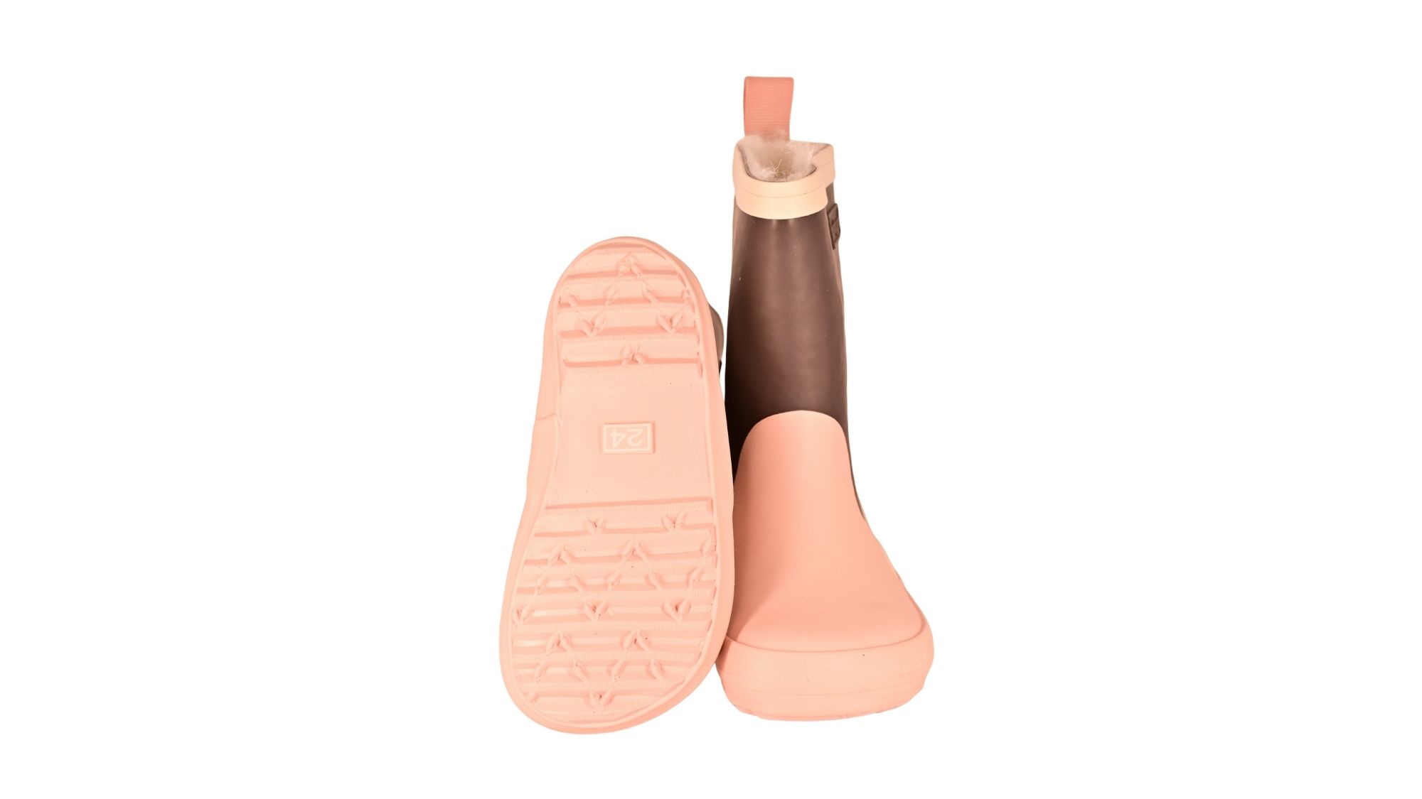 Kinder-Barfußgummistiefel mit flacher, flexibler Sohle und strukturiertem Profil, Ansicht von unten.