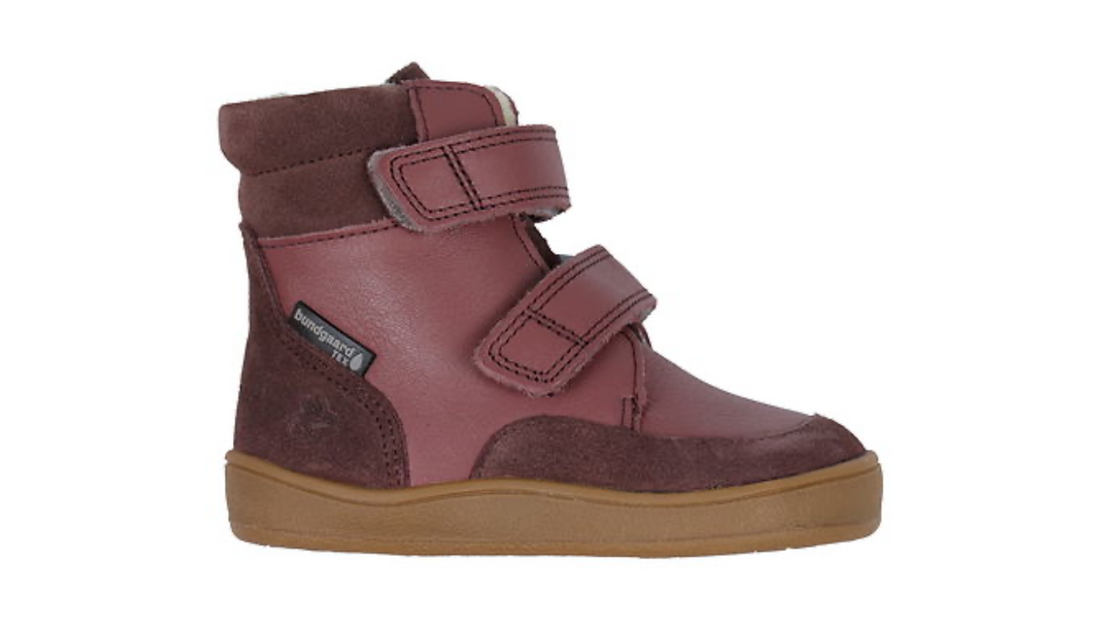 Barfußstiefel mit Klettverschluss, breite Zehenbox, flexible Sohle, geschlossener Schaft, geschlossener Fersenbereich, Seitenansicht außen