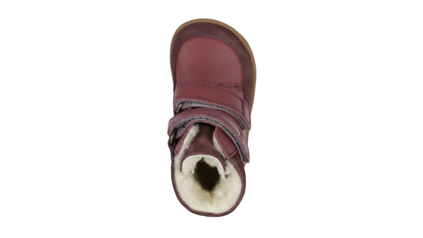 Gefütterter Barfußstiefel für Kinder, knöchelhoch, geschlossene Zehen und geschlossener Fersenbereich, Doppelklettverschluss, flexible Sohle, Einzelschuh, Draufsicht