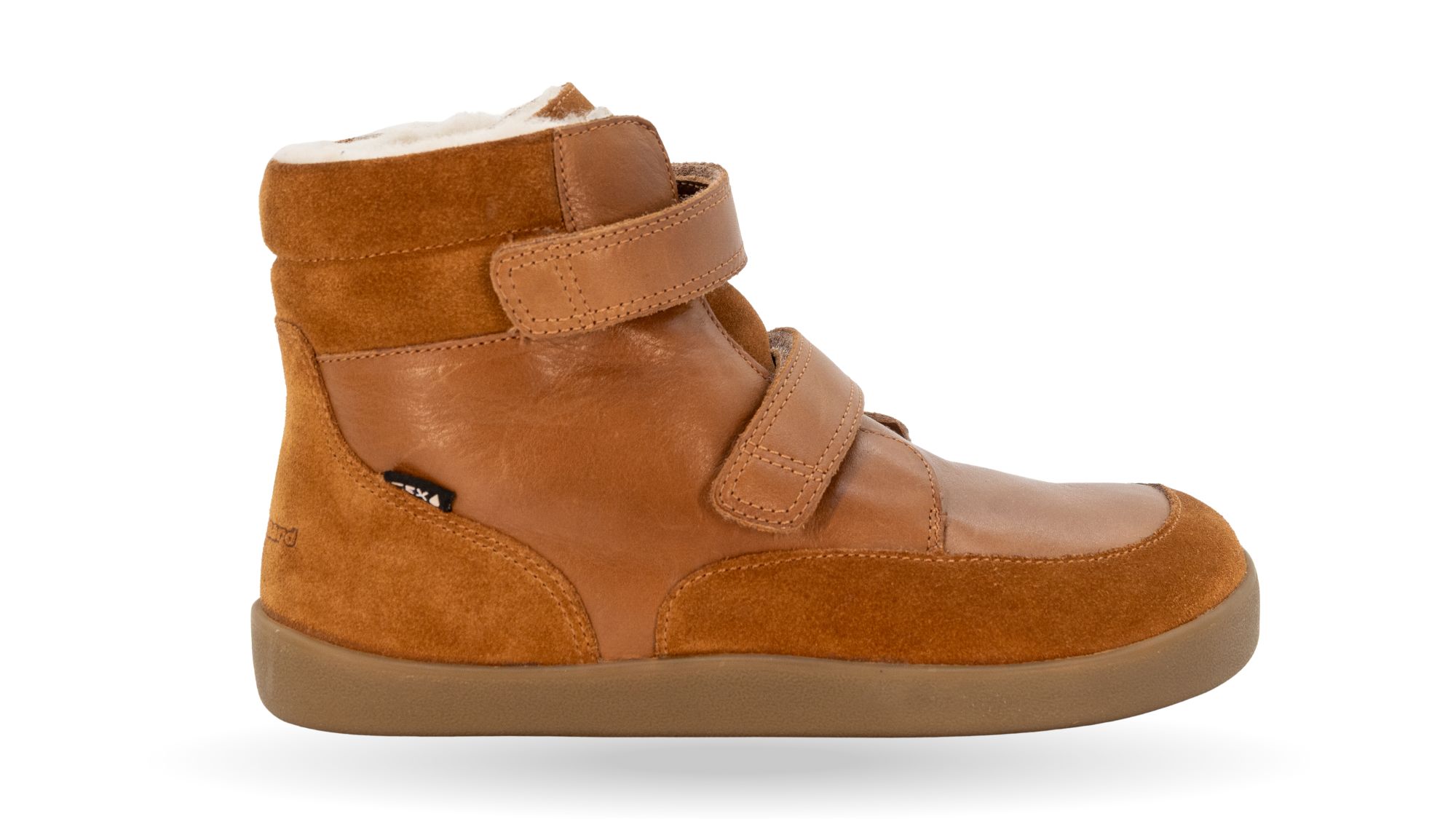 Kinder-Barfußwinterstiefel mit breiter Zehenbox, geschlossenem Zehenbereich, geschlossener Ferse, Riemenkonstruktion, hohem Schaft, flexibler Sohle, Seitenansicht außen