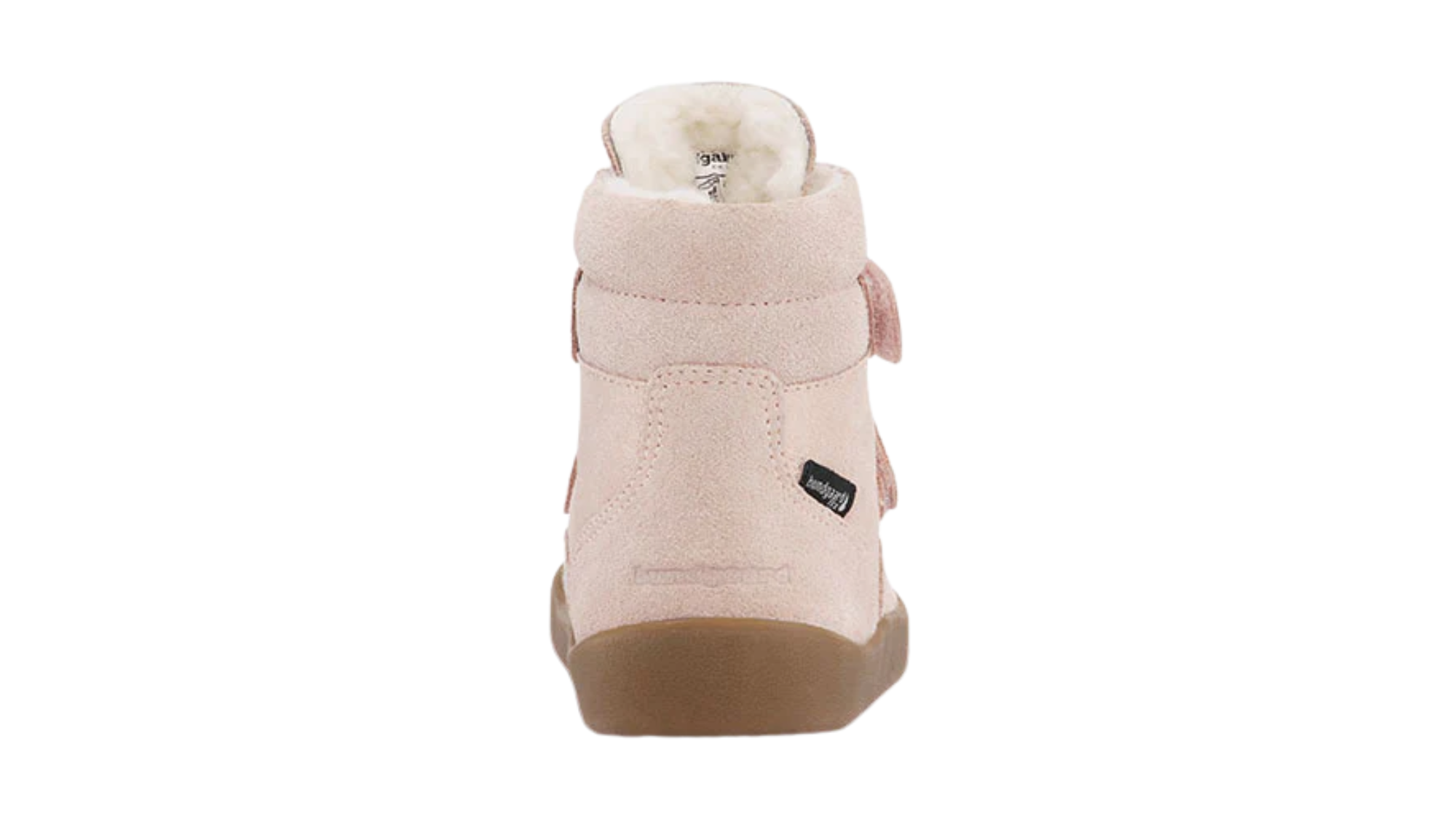 Kinder-Barfußwinterstiefel mit geschlossener Ferse, Riemenkonstruktion, hohem Schaft, flacher flexibler Sohle, Rückansicht.