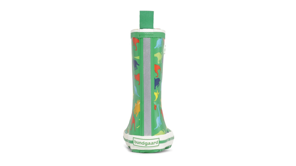 Gummistiefel für Kinder, hoher Schaft, geschlossene Zehen und geschlossener Fersenbereich, profilierte Sohle, Einzelschuh, Rückansicht