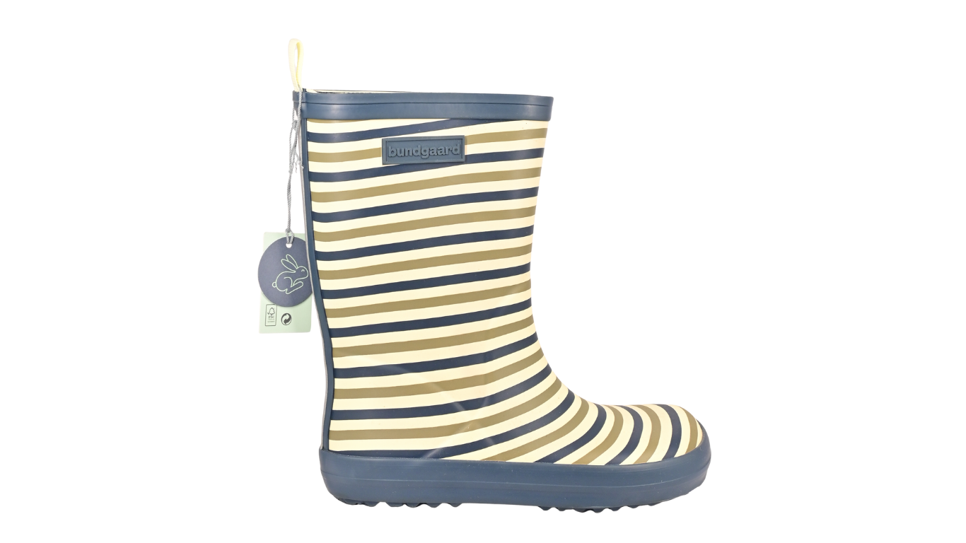 Kinder-Barfußgummistiefel mit breiter Zehenbox, geschlossenem Zehenbereich, geschlossenem Fersenbereich, hohem Schaft, Schlupfform ohne Verschluss, flexible Sohle, Seitenansicht außen.