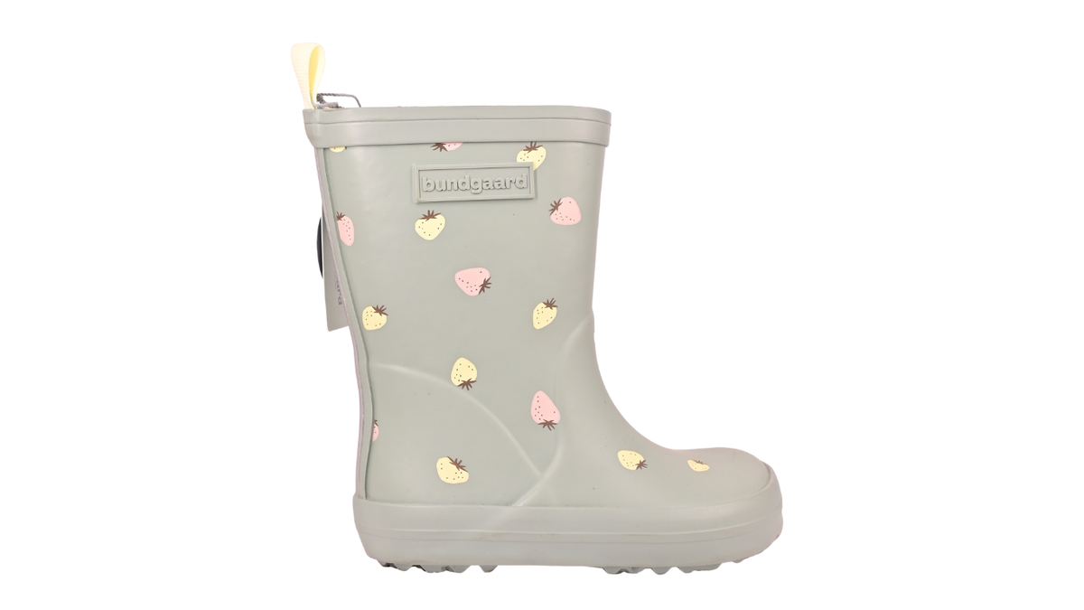 Kinder-Barfußgummistiefel mit geschlossenem Zehenbereich, geschlossenem Fersenbereich, hohem Schaft, Schlupfform ohne Verschluss, flexible Sohle, Seitenansicht außen.