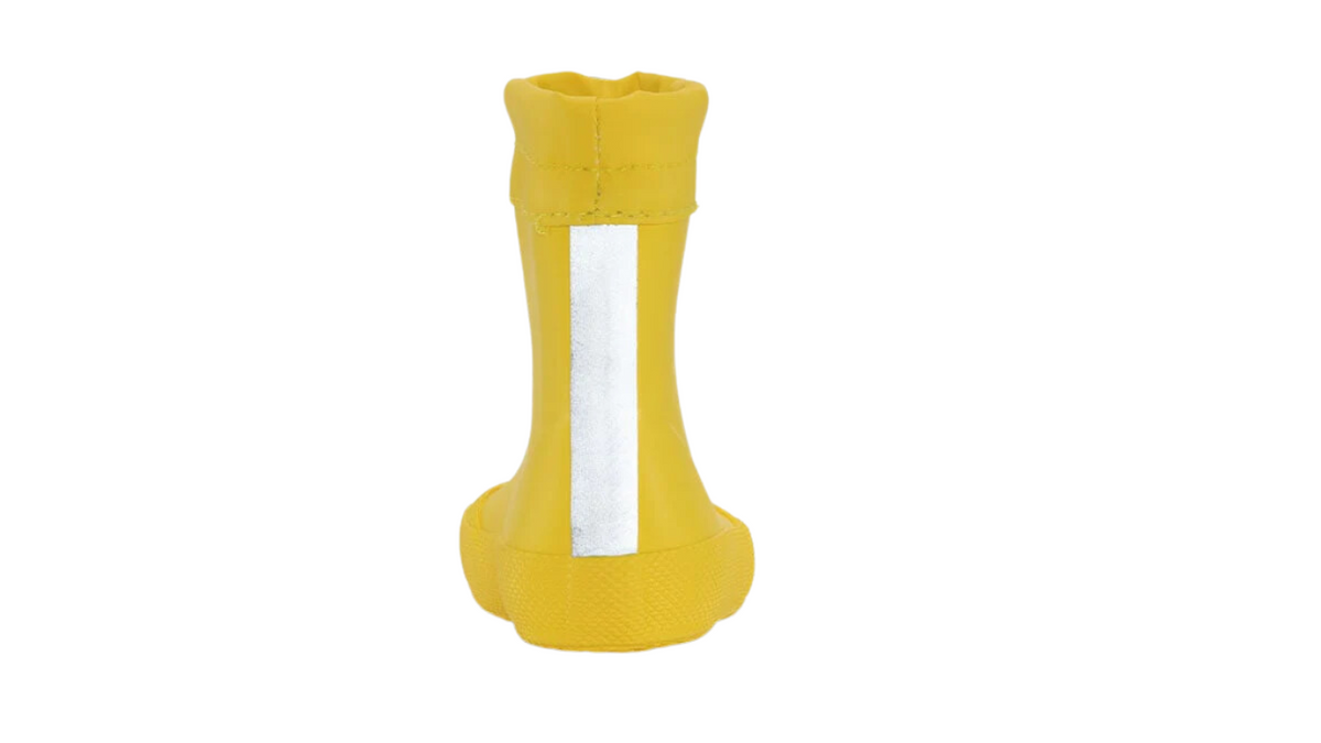 Gummistiefel für Kinder als Paar, hoher Schaft mit Tunnelzug, geschlossene Zehen und geschlossener Fersenbereich, profilierte Sohle, Einzelschuh, Rückansicht