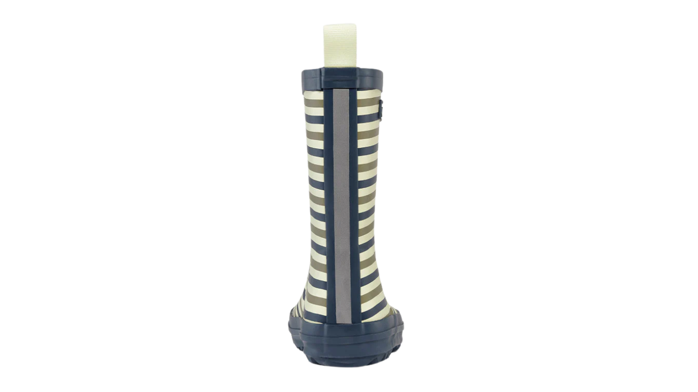 Kinder-Barfußgummistiefel mit geschlossenem Zehenbereich, geschlossenem Fersenbereich, hohem Schaft, Schlupfform ohne Verschluss, flexible Sohle, Rückansicht.