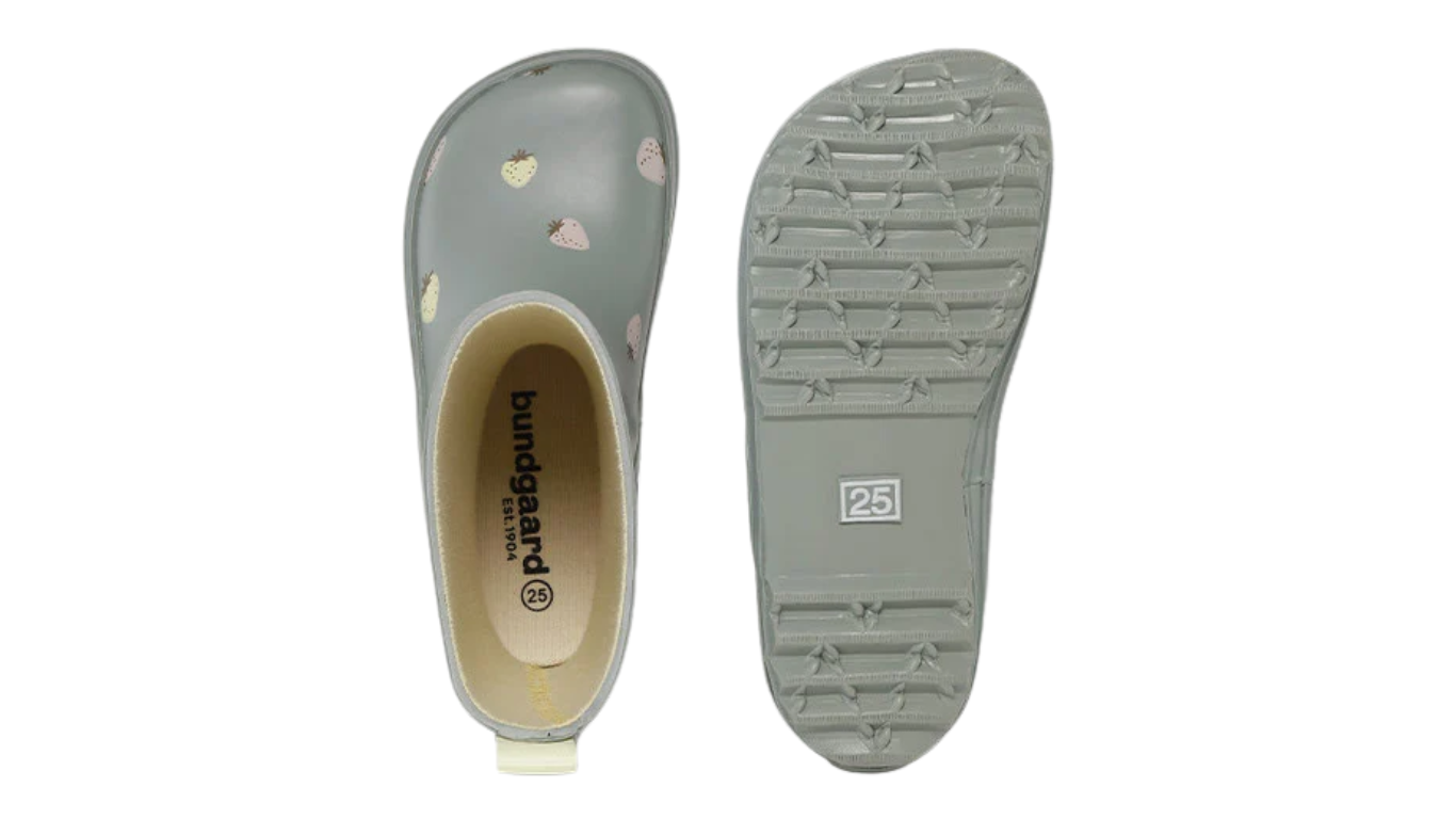 Kinder-Barfußgummistiefel mit breiter Zehenbox, geschlossenem Zehenbereich, geschlossenem Fersenbereich, hohem Schaft, flexible Sohle, Draufsicht und Ansicht von unten.