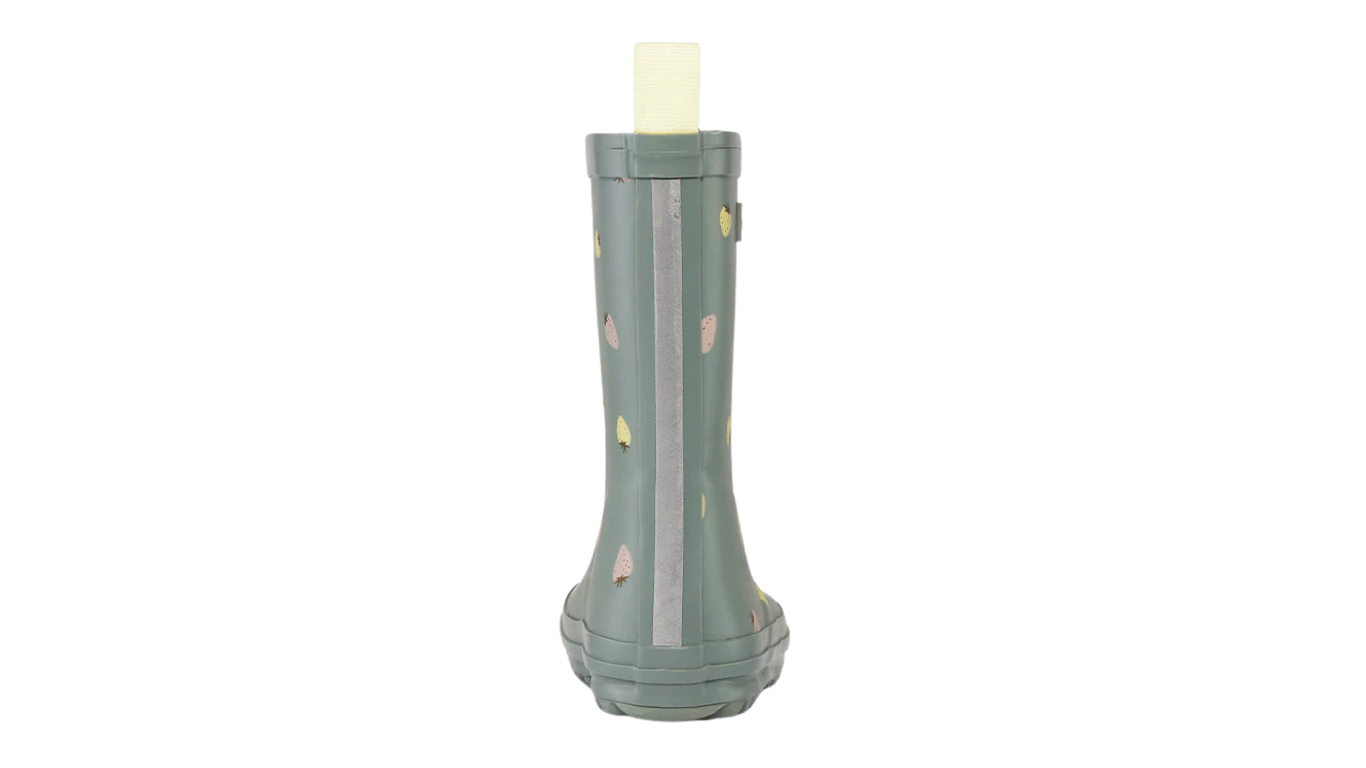 Kinder-Barfußgummistiefel mit geschlossenem Zehenbereich, geschlossenem Fersenbereich, hohem Schaft, Schlupfform ohne Verschluss, flexible Sohle, Rückansicht.