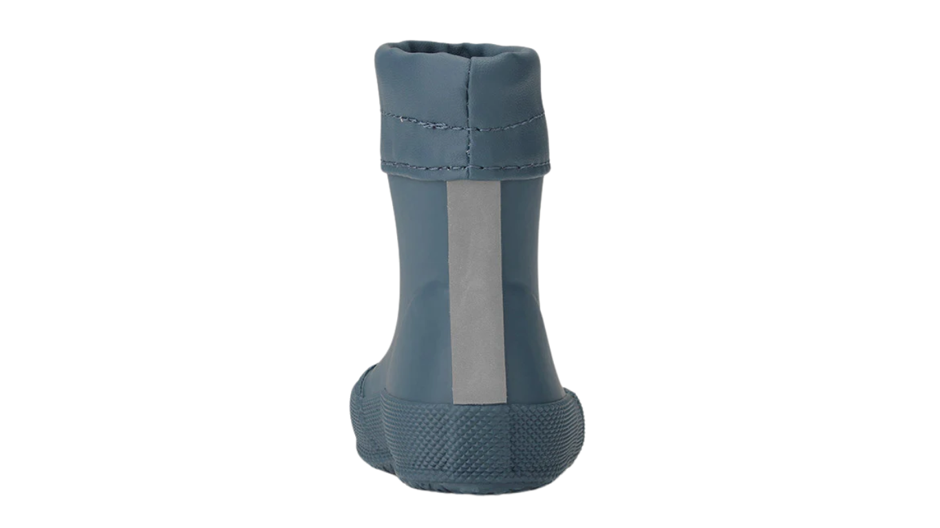 Barfußgummistiefel mit breiter Zehenbox, flexibler Sohle, geschlossenem Schaft, geschlossener Fersenbereich, Rückansicht