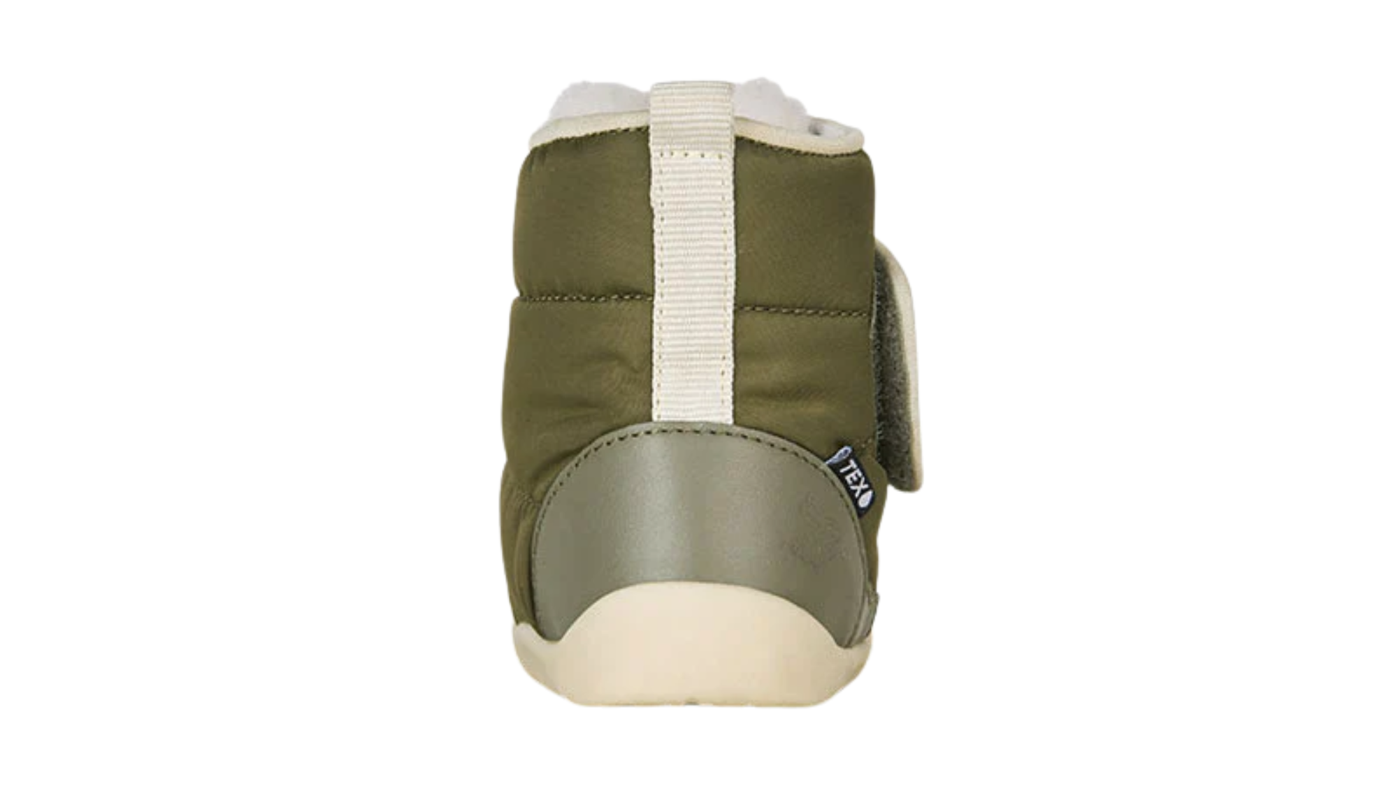Kinder-Barfußwinterstiefel mit geschlossener Ferse, Riemenkonstruktion, hohem Schaft, flacher flexibler Sohle, Rückansicht.