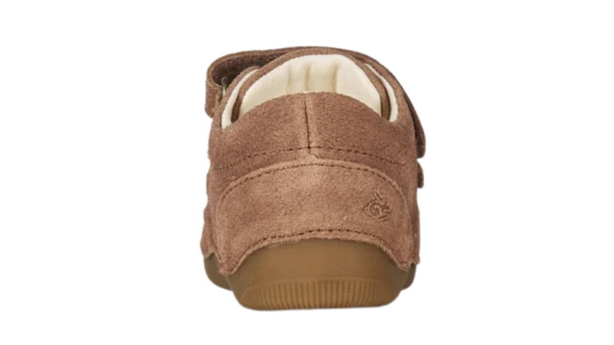 Kinder-Barfußschuh mit geschlossenem Fersenbereich, Klettverschluss, flacher flexibler Sohle, Rückansicht.