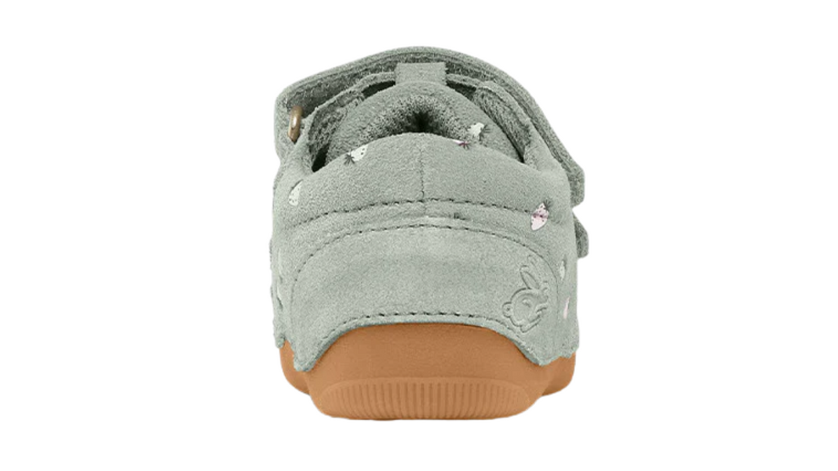 Barfußschuh mit zwei Klettverschlüssen, breite Zehenbox, flexible Sohle, geschlossener Fersenbereich, Rückansicht