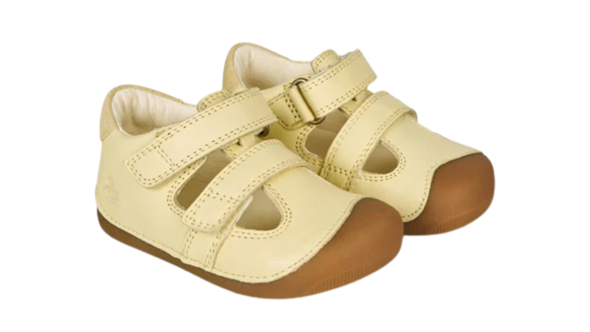 Kinder-Barfußschuh mit breiter Zehenbox, geschlossenem Zehenbereich, geschlossenem Fersenbereich, Riemenkonstruktion mit Verschluss, flacher flexibler Sohle, schräge Vorderansicht als Paar