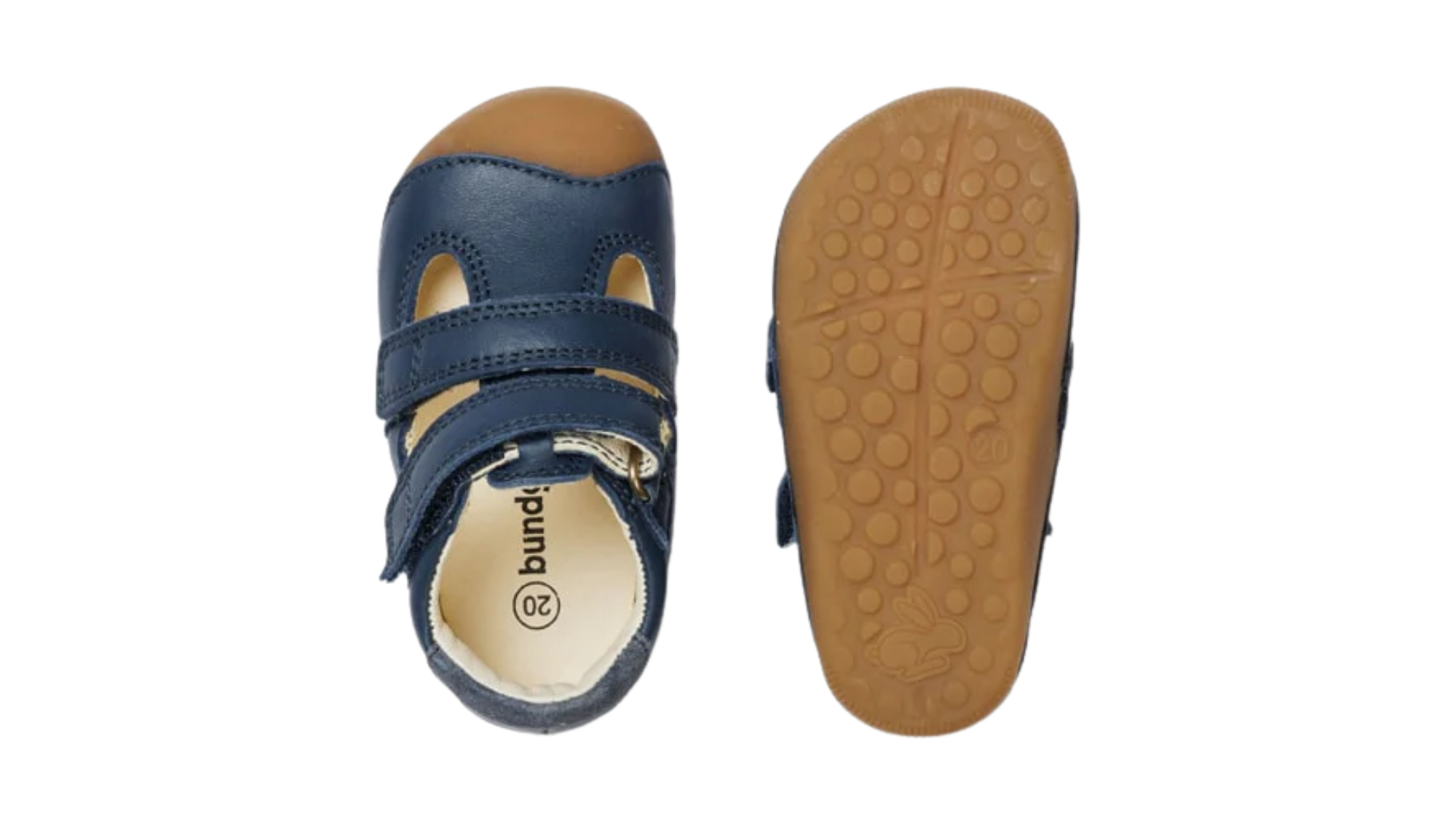 Kinder-Barfußschuh mit breiter Zehenbox, geschlossenem Zehenbereich, geschlossenem Fersenbereich, Riemenkonstruktion mit Verschluss, flacher flexibler Sohle, Draufsicht und Ansicht von unten als Paar