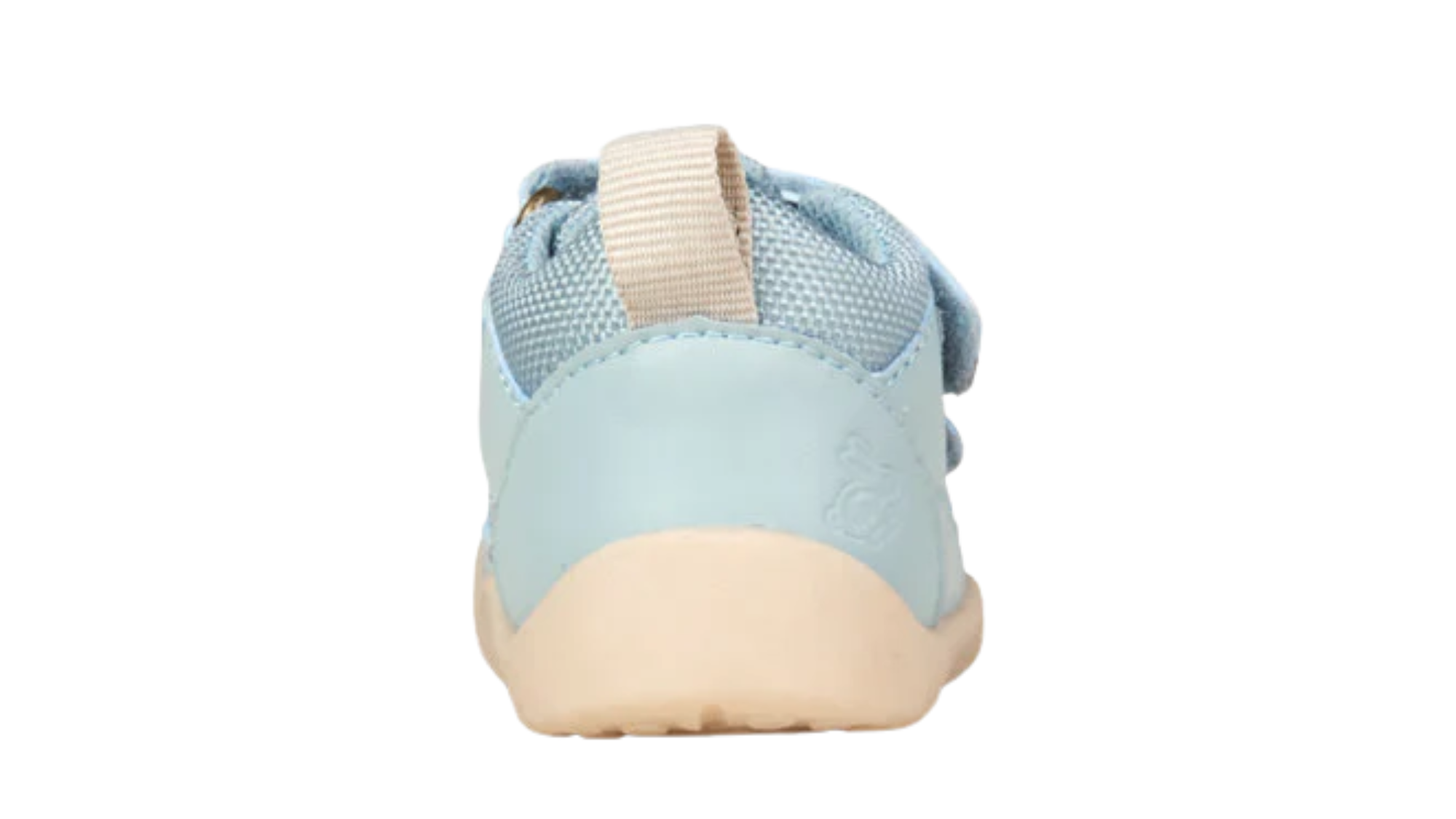Kinder-Barfußschuh mit geschlossenem Fersenbereich, Klettverschluss, flacher flexibler Sohle, Rückansicht.