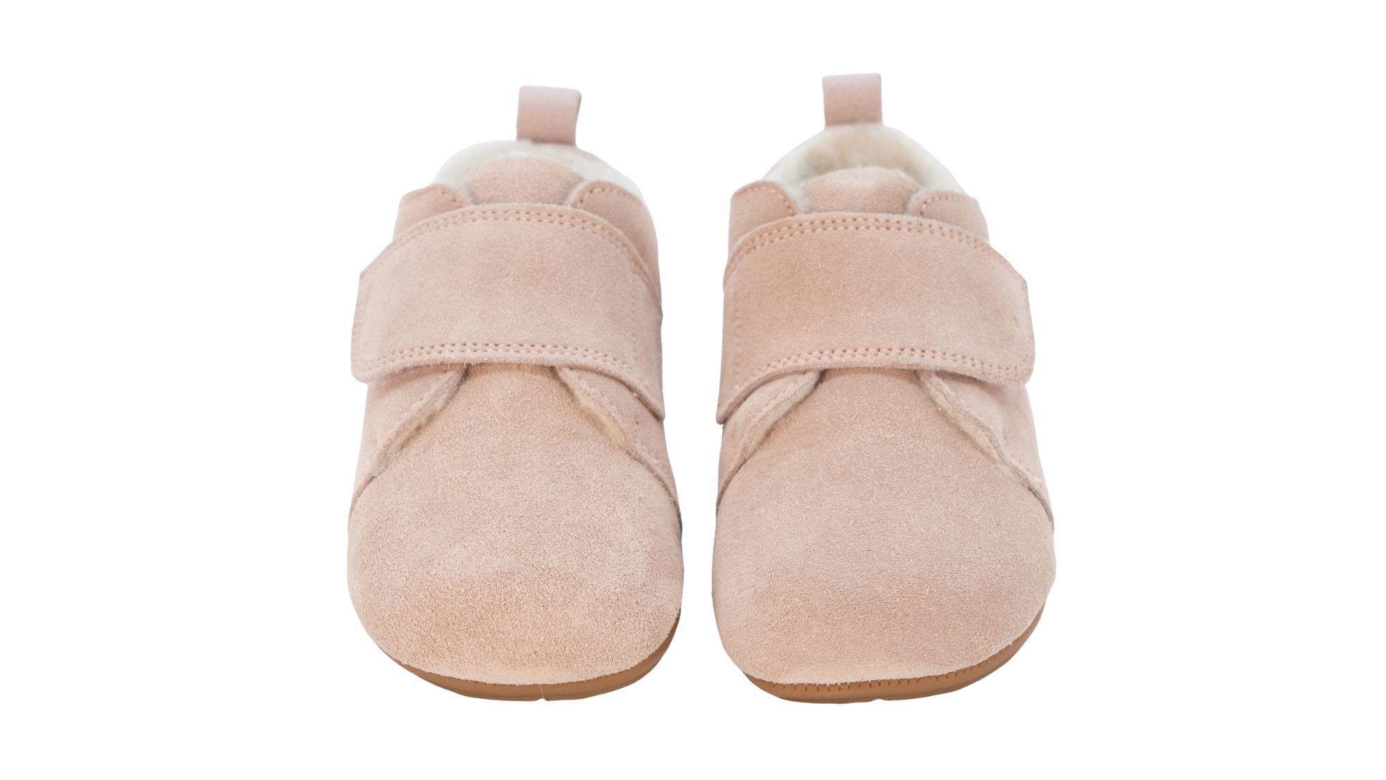 Kinder-Barfußschuh als Paar mit breiter Zehenbox, geschlossenem Zehenbereich, geschlossenem Fersenbereich, Klettverschluss, flacher flexibler Sohle, Vorderansicht.