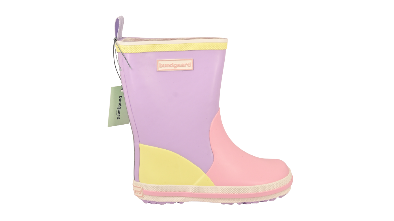 Gummistiefel für Kinder, hoher Schaft, geschlossene Zehen und geschlossener Fersenbereich, profilierte Sohle, Einzelschuh, Seitenansicht außen