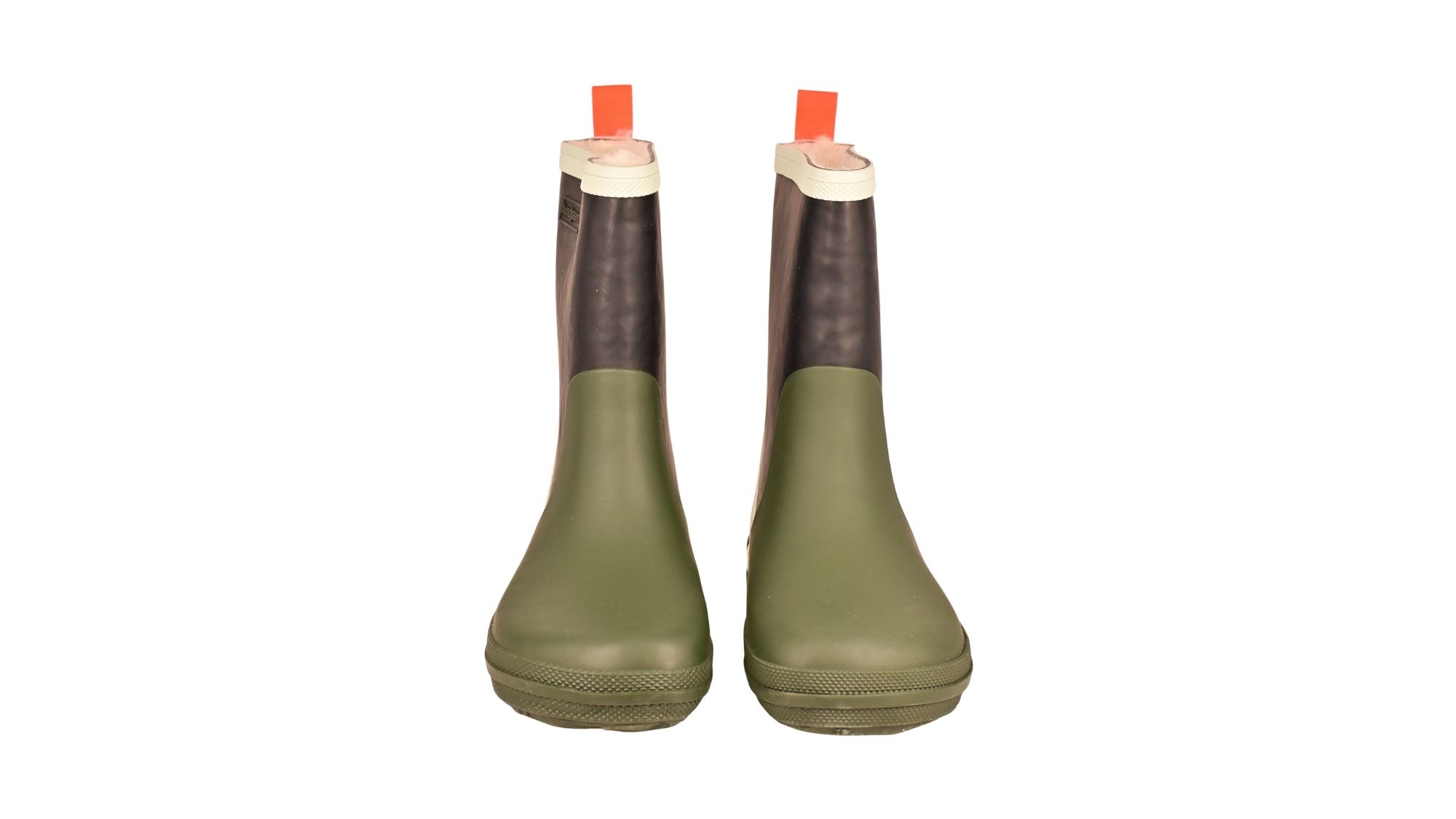 Barfußgummistiefel mit breiter Zehenbox, flexibler Sohle, geschlossenem Schaft, geschlossener Fersenbereich, Vorderansicht, Paar