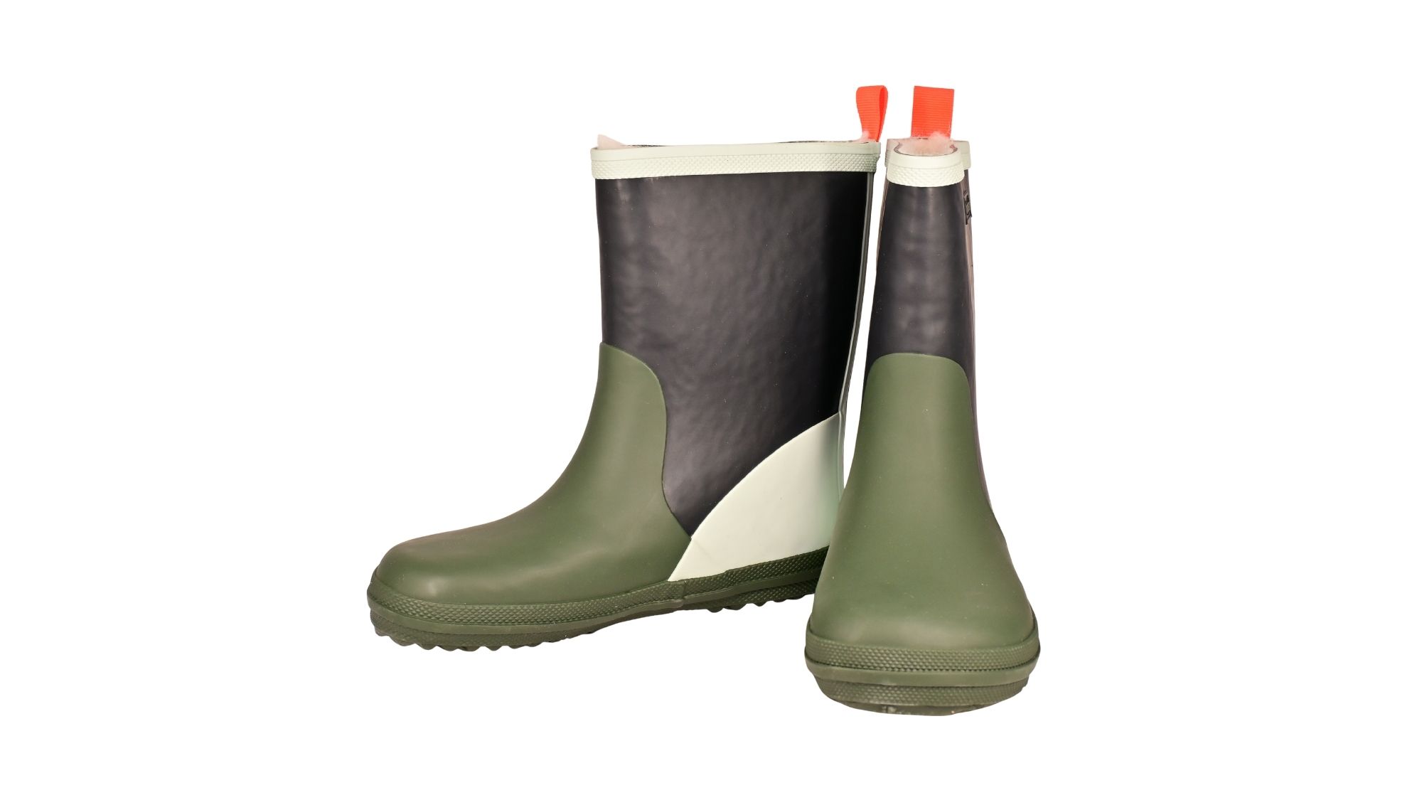 Barfußgummistiefel mit breiter Zehenbox, flexibler Sohle, geschlossenem Schaft, geschlossener Fersenbereich, schräge Vorderansicht, Paar