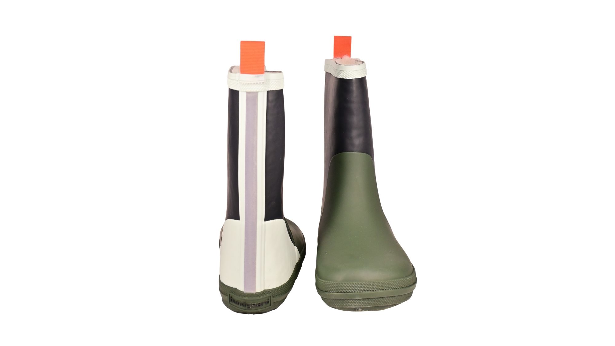 Barfußgummistiefel mit breiter Zehenbox, flexibler Sohle, geschlossenem Schaft, geschlossener Fersenbereich, Vorder- und Rückansicht