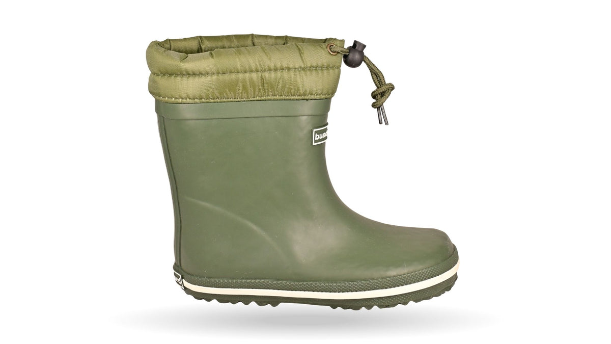 Barfußgummistiefel mit breiter Zehenbox, flexibler Sohle, geschlossenem Schaft mit Kordelzug, geschlossener Fersenbereich, Seitenansicht außen, einzelner Schuh
