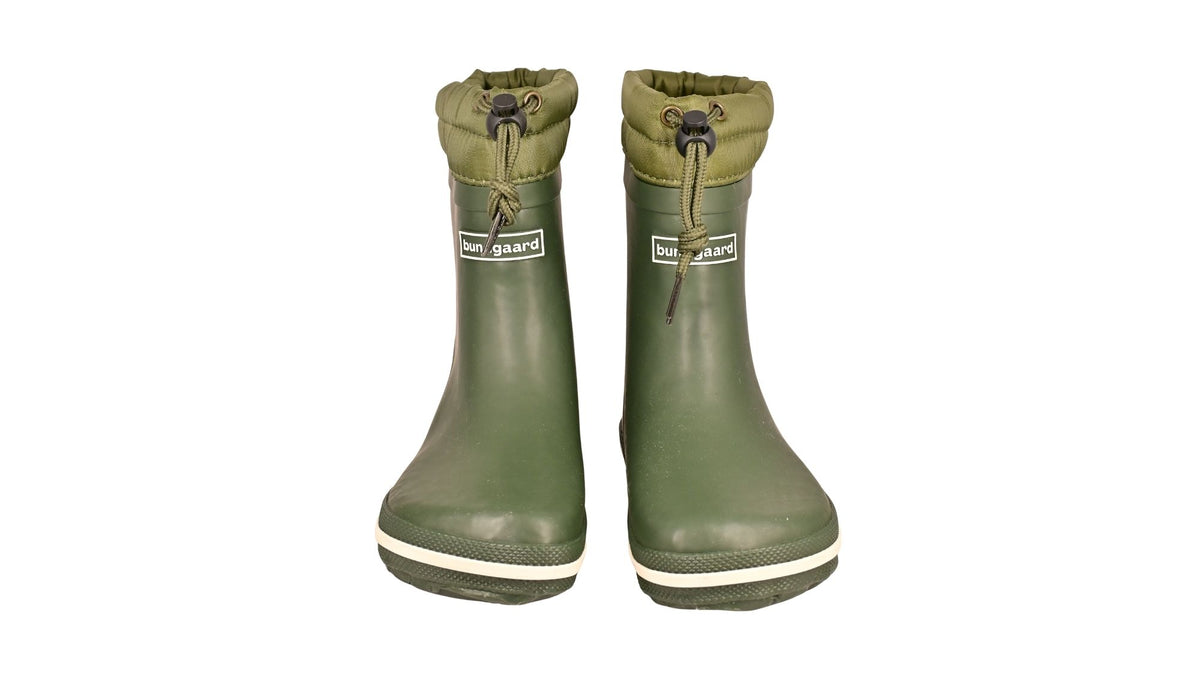 Barfußgummistiefel mit breiter Zehenbox, flexibler Sohle, geschlossenem Schaft mit Kordelzug, geschlossener Fersenbereich, Vorderansicht als Paar