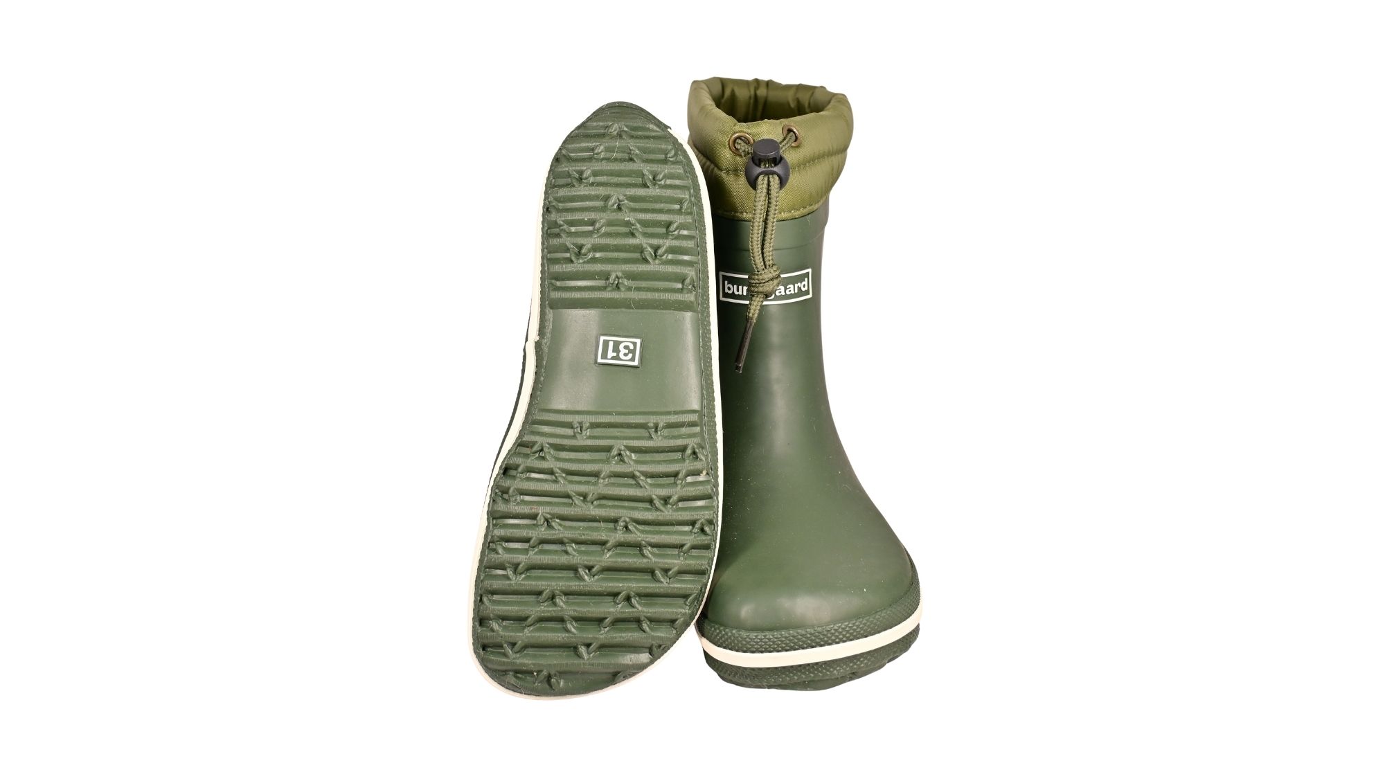Barfußgummistiefel mit breiter Zehenbox, flexibler Sohle, geschlossenem Schaft mit Kordelzug, geschlossener Fersenbereich, Vorderansicht und Ansicht von unten als Paar