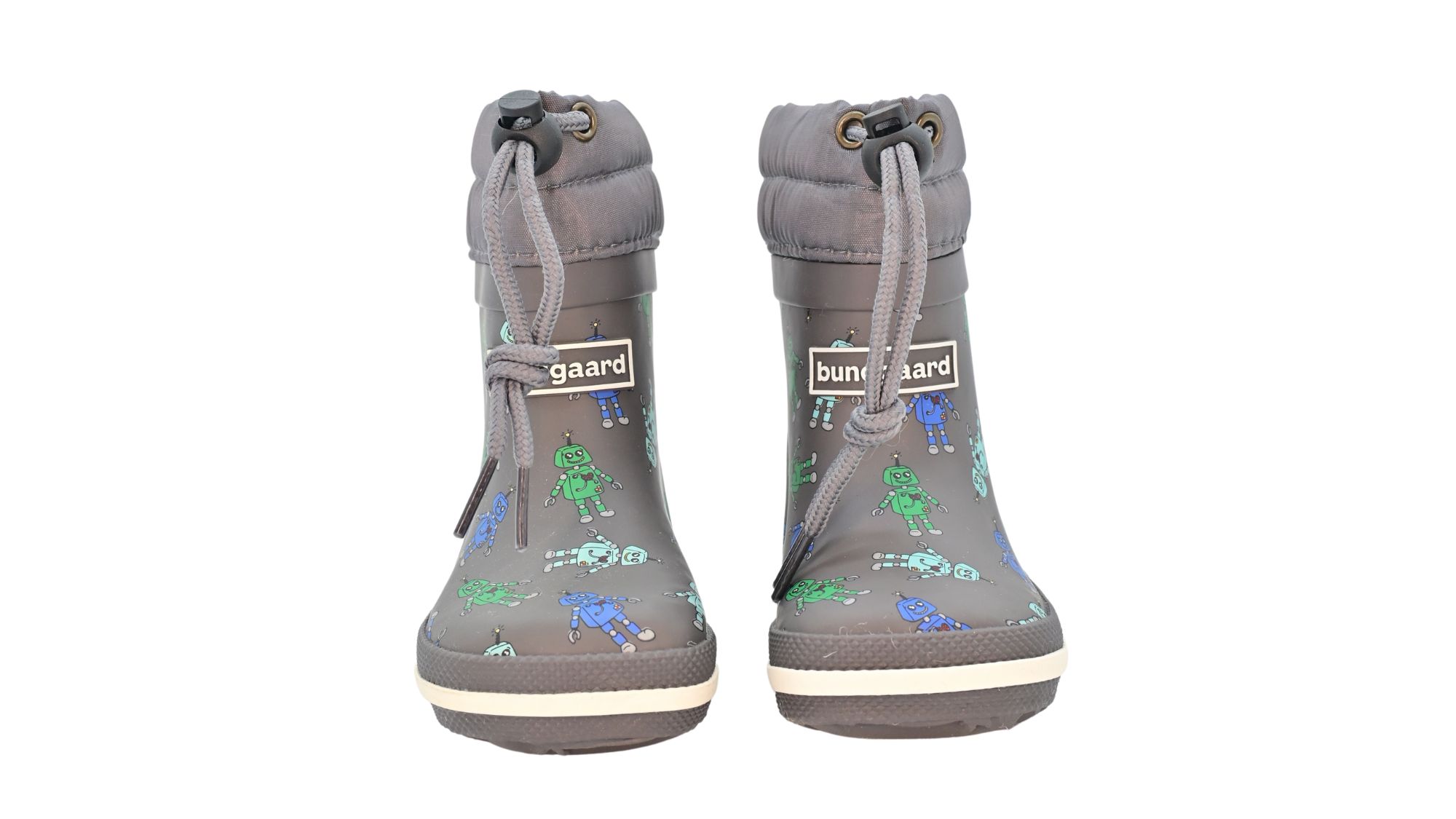 Barfußgummistiefel mit breiter Zehenbox, flexibler Sohle, geschlossenem Schaft mit Kordelzug, geschlossener Fersenbereich, Vorderansicht als Paar