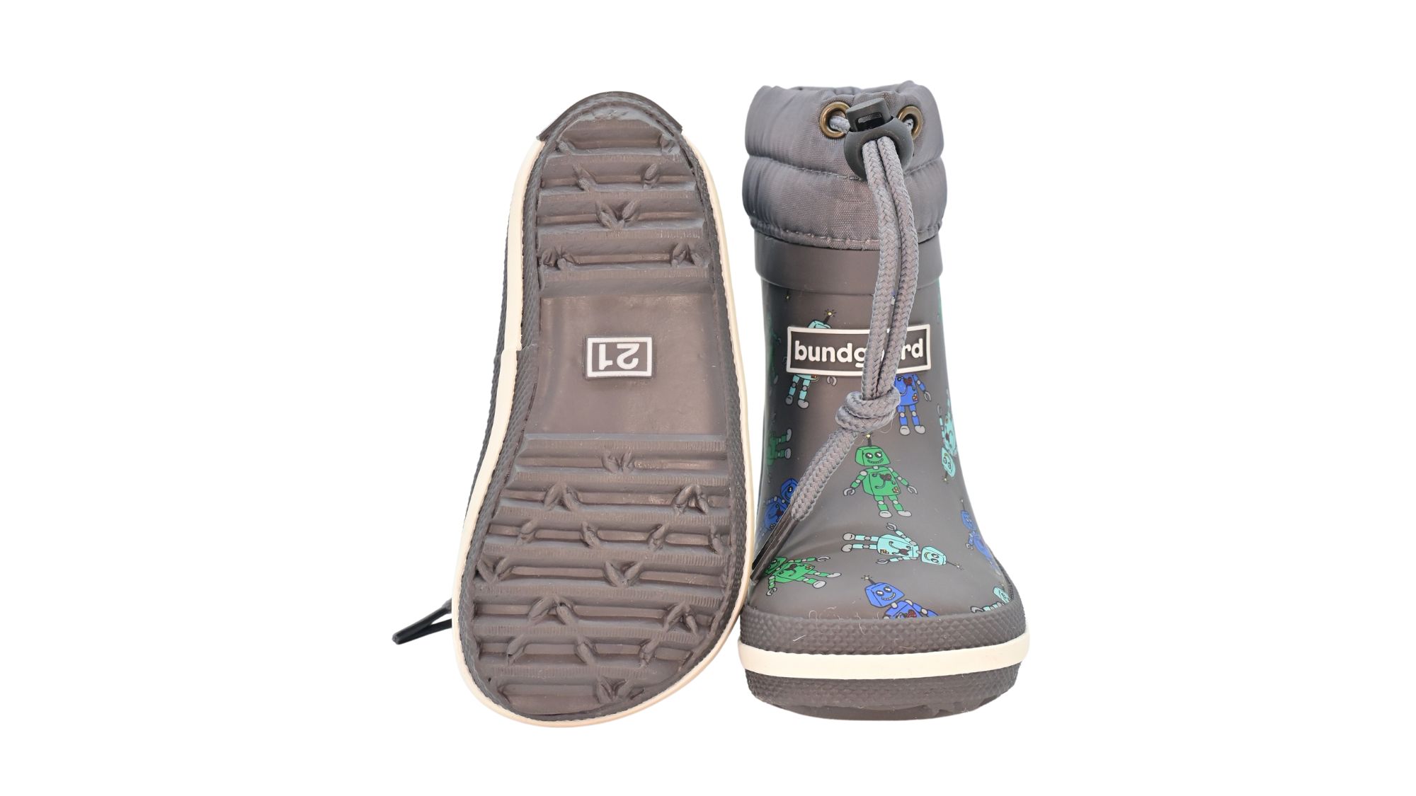 Barfußgummistiefel mit breiter Zehenbox, flexibler Sohle, geschlossenem Schaft mit Kordelzug, geschlossener Fersenbereich, Vorderansicht und Ansicht von unten als Paar