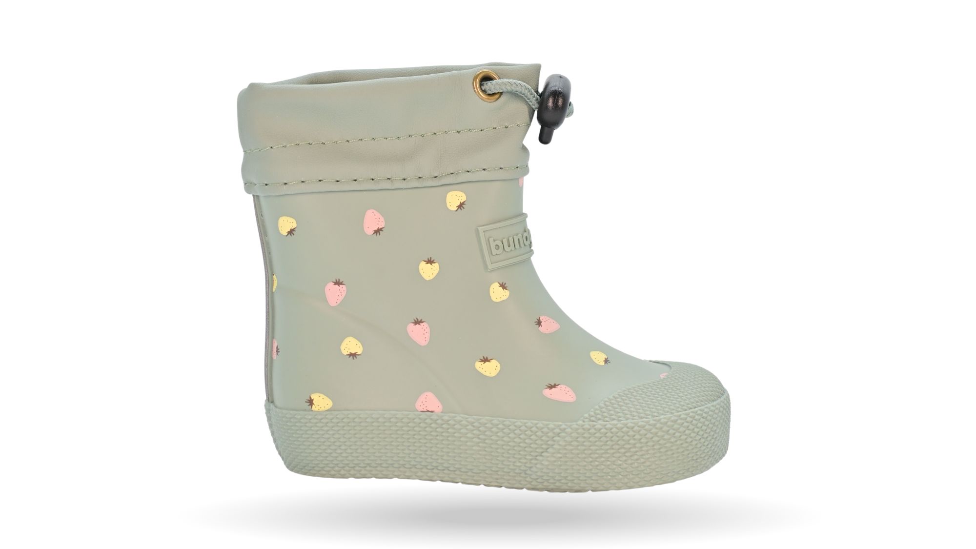 Barfußgummistiefel mit breiter Zehenbox, flexibler Sohle, geschlossenem Schaft mit Kordelzug, geschlossener Fersenbereich, Seitenansicht außen, einzelner Schuh
