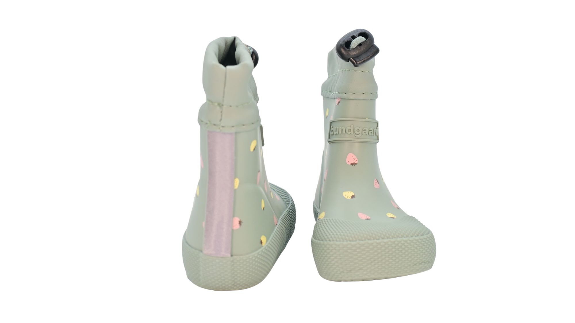 Barfußgummistiefel mit breiter Zehenbox, flexibler Sohle, geschlossenem Schaft, geschlossener Fersenbereich, Vorder- und Rückansicht als Paar