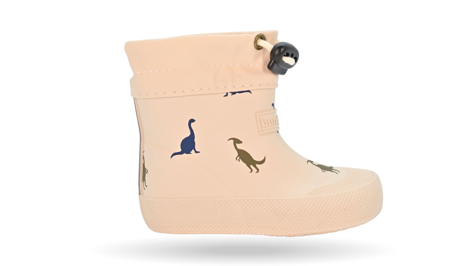 Barfußgummistiefel mit breiter Zehenbox, flexibler Sohle, geschlossenem Schaft mit Kordelzug, geschlossener Fersenbereich, Seitenansicht außen, einzelner Schuh