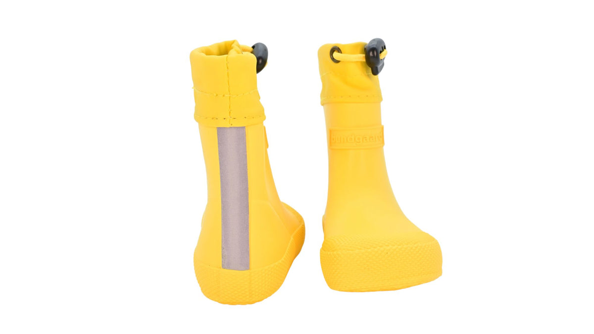 Barfußgummistiefel mit breiter Zehenbox, flexibler Sohle, geschlossenem Schaft, geschlossener Fersenbereich, Vorder- und Rückansicht als Paar