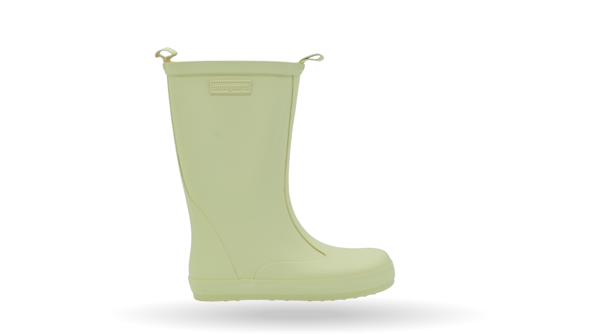 Kinder-Barfußgummistiefel mit breiter Zehenbox, geschlossenem Zehenbereich, geschlossenem Fersenbereich, hohem Schaft, Schlupfform ohne Verschluss, flexible Sohle, Seitenansicht